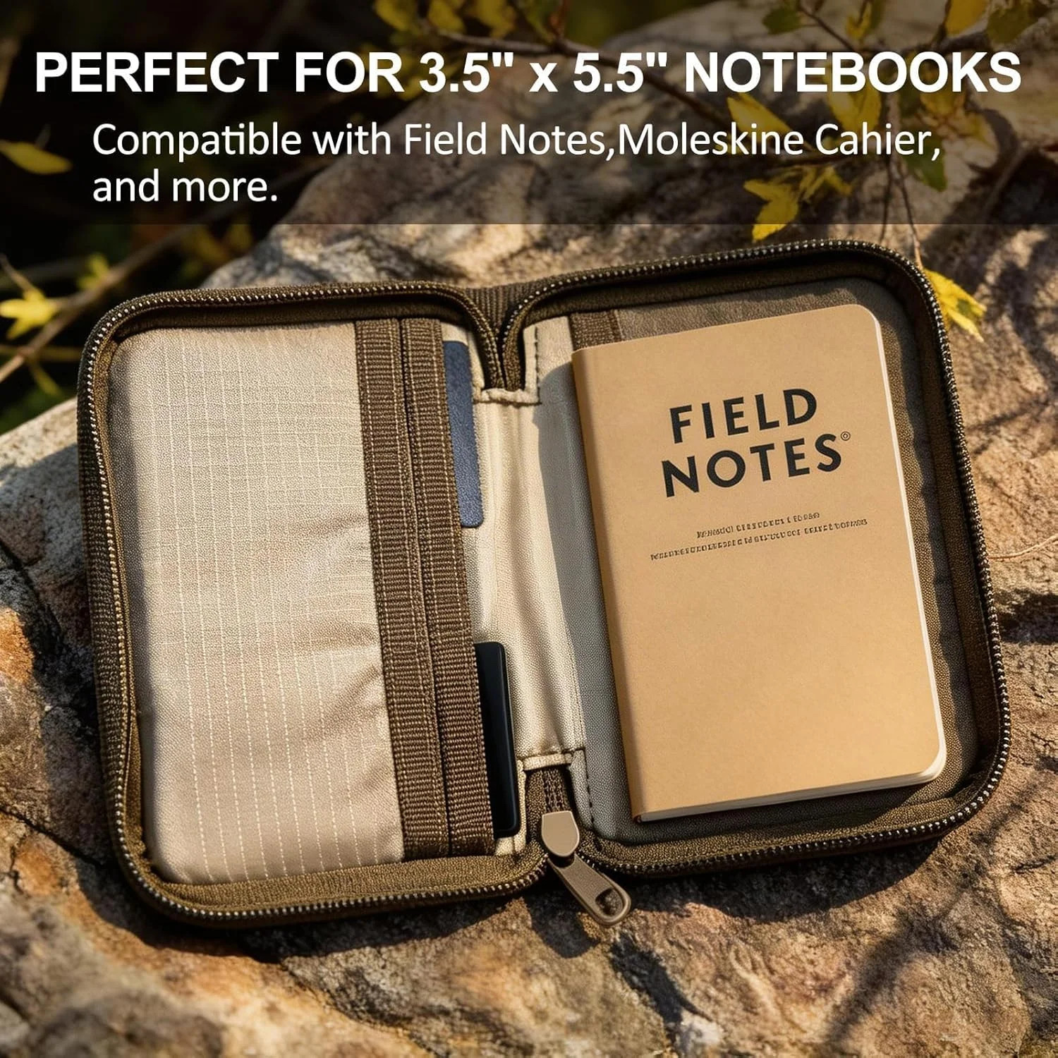 Pocket Notebook Cover for Field Notes, Waxed Canvas Journal Cover with Zipper
