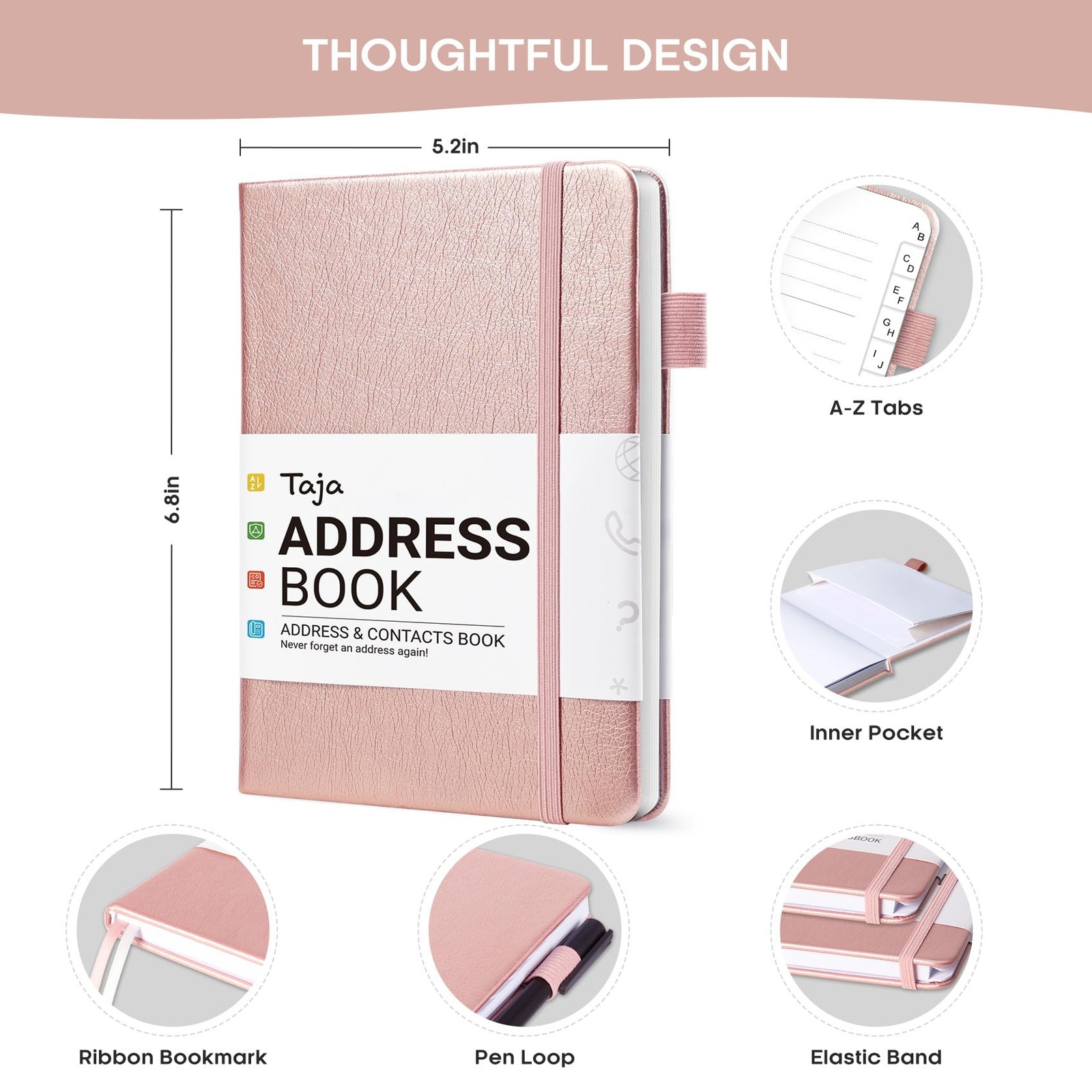 Taja Address Book with Alphabetical 158 pages, 5.2 x 6.8 inches, A- Rose Gold