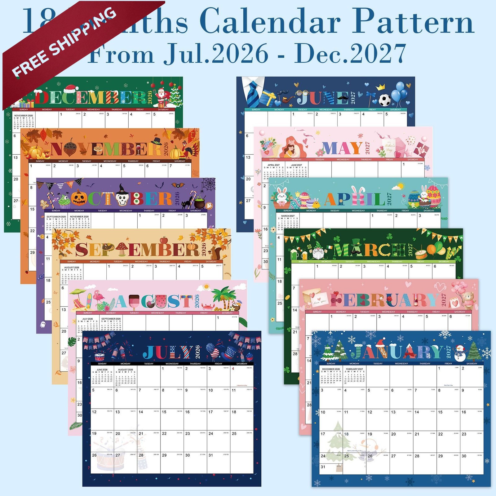 2026-2027 Magnetic Calendar – for Refrigerator Colorful