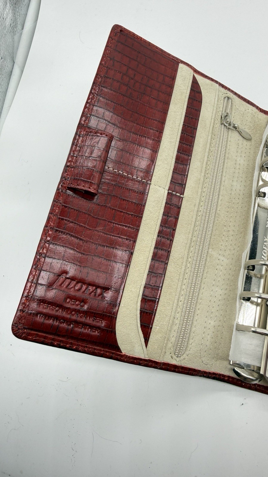 Filofax Ruby red Deco Personal size planner Organizer Italian Leather Croc. Embo
