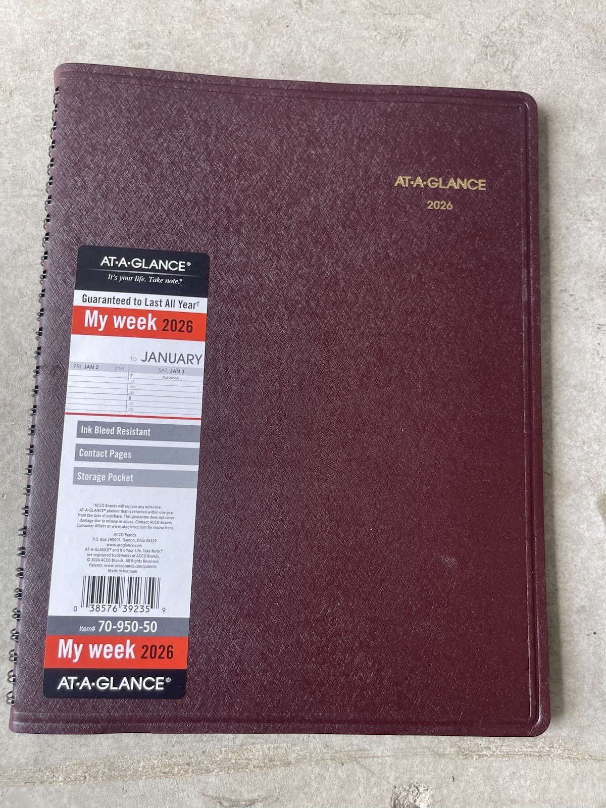 At-A-Glance 2027 Calendar Planner Weekly New Year Maroon 70-950-50 Appt Times