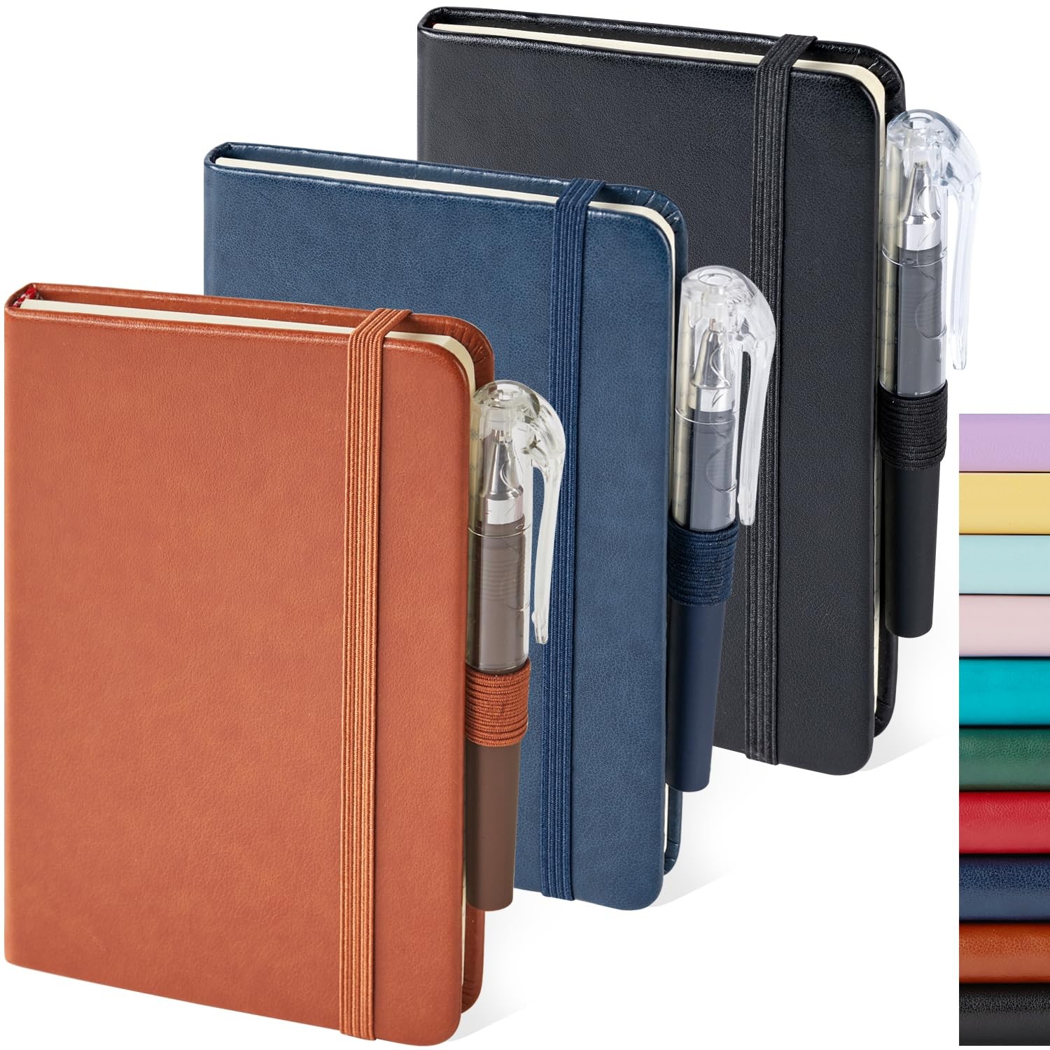 3 Pack A6 Pocket Notebooks with Pen Holder, 408 Lined Pages, 3 Colors