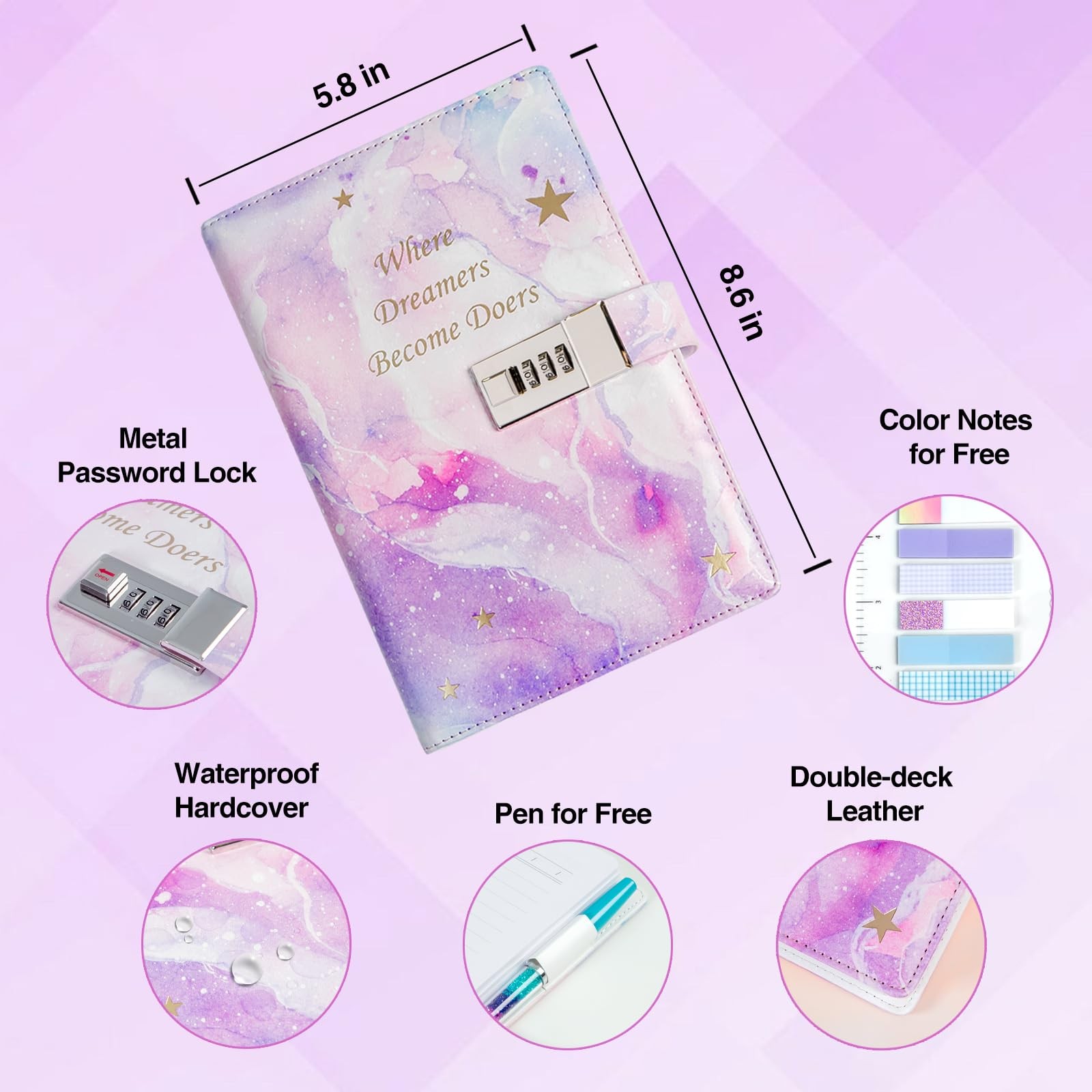 Diary with Lock, 192 Pages, 8.6 X 5.8 Inches, Purple – Secret Journal for Girls