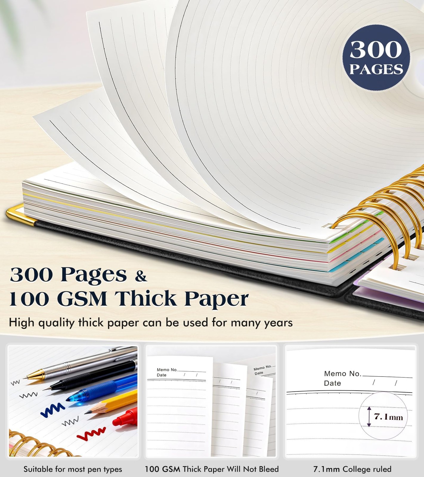 Spiral Notebook Journal with Removable Dividers Tabs, 300 Pages Hardcover Lea…