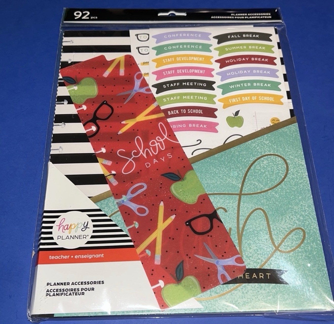 Happy Planner Teacher Accessory Pack 92 Pc Stickers Folder Bookmark Paper New