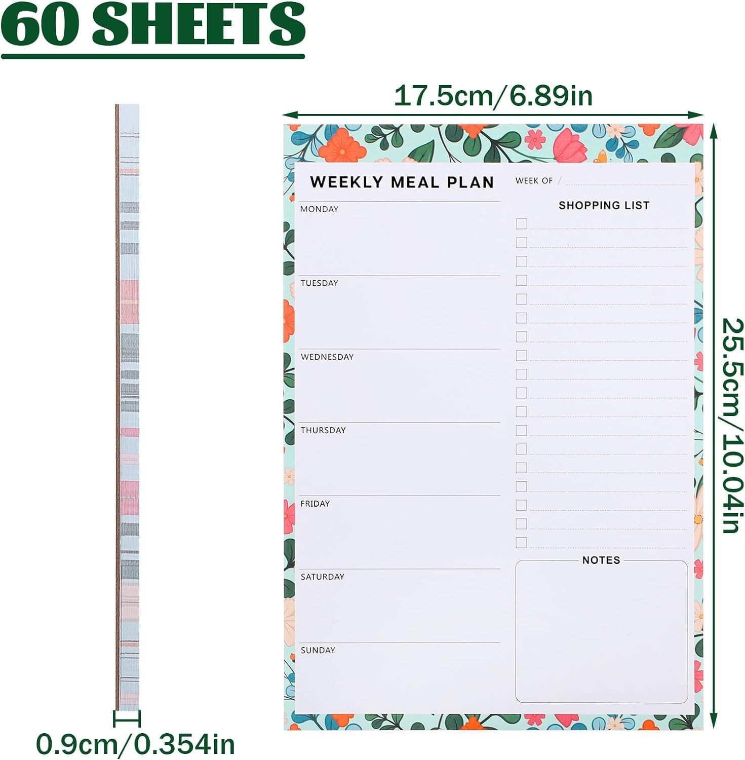 60 Sheet Meal Planner for Fridge, Magnetic Weekly 25.5 cm by 17.5 cm, Flower