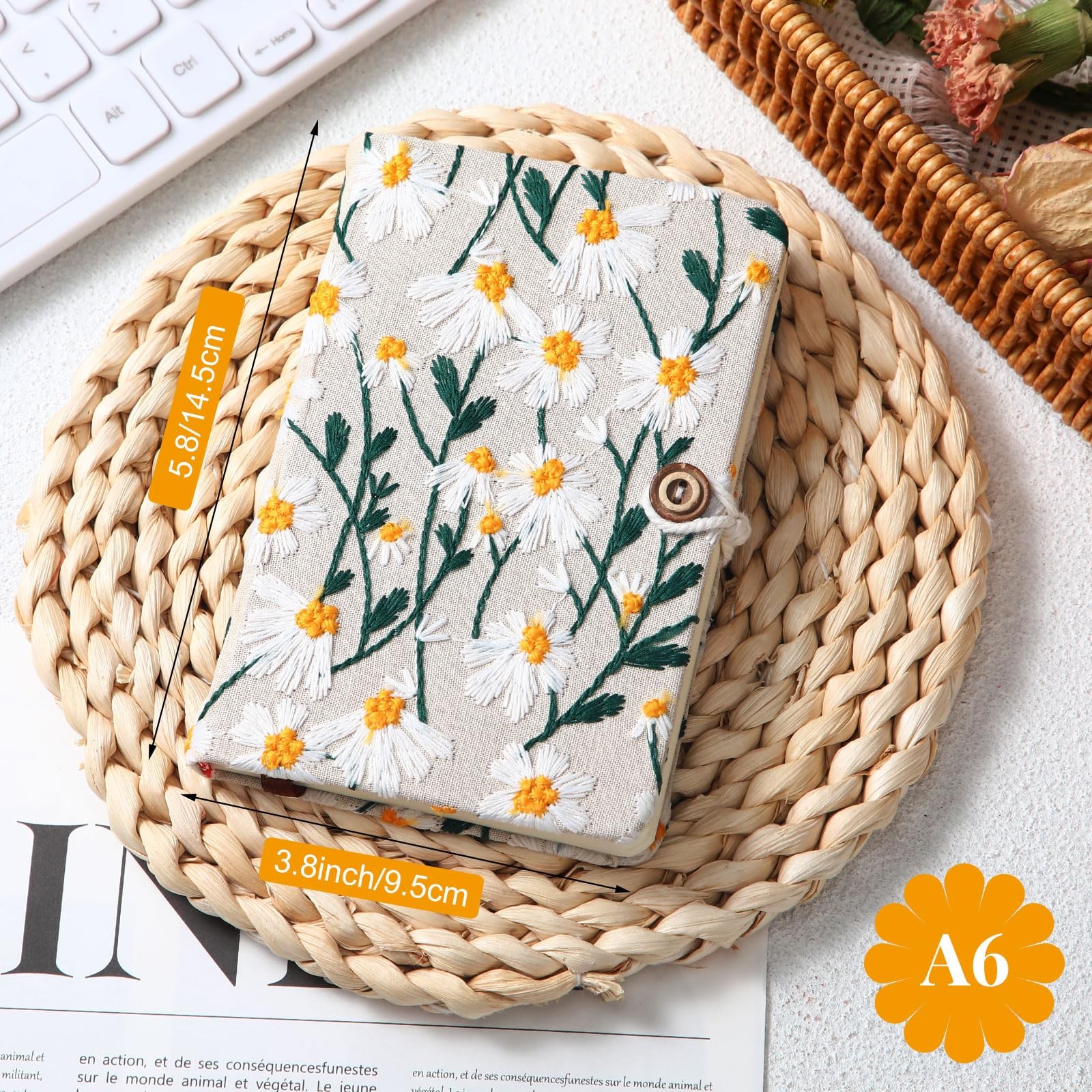 Dunzoom Daisy Journal Gifts for Women Embroidered Flower White