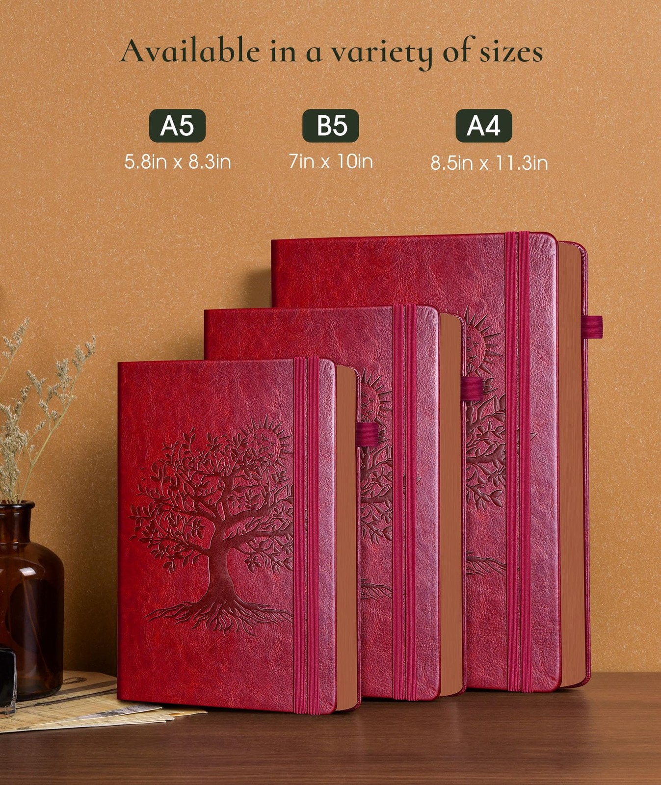 Vintage Leather Journal with 300 Numbered A4 (8.5in X 11.3in), Wine red