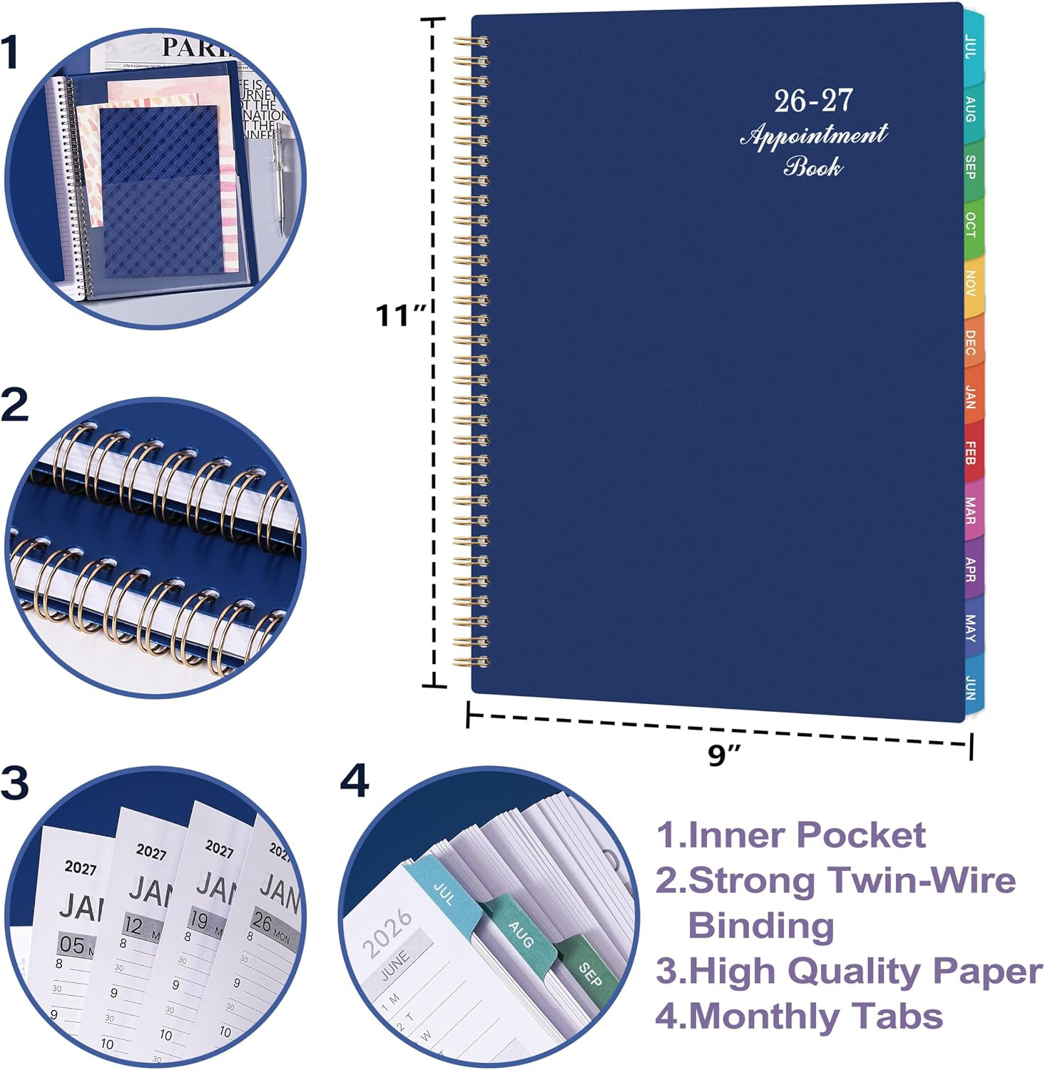 2026-2027 Weekly Appointment Planner 9×11 Hourly Daily Schedule Book Blue