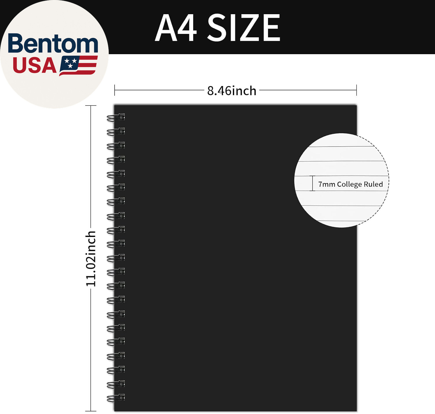 Lined Spiral Notebook A4 Large Black Journal 8.5″ X 11″-4 Pack 7Mm College Ruled