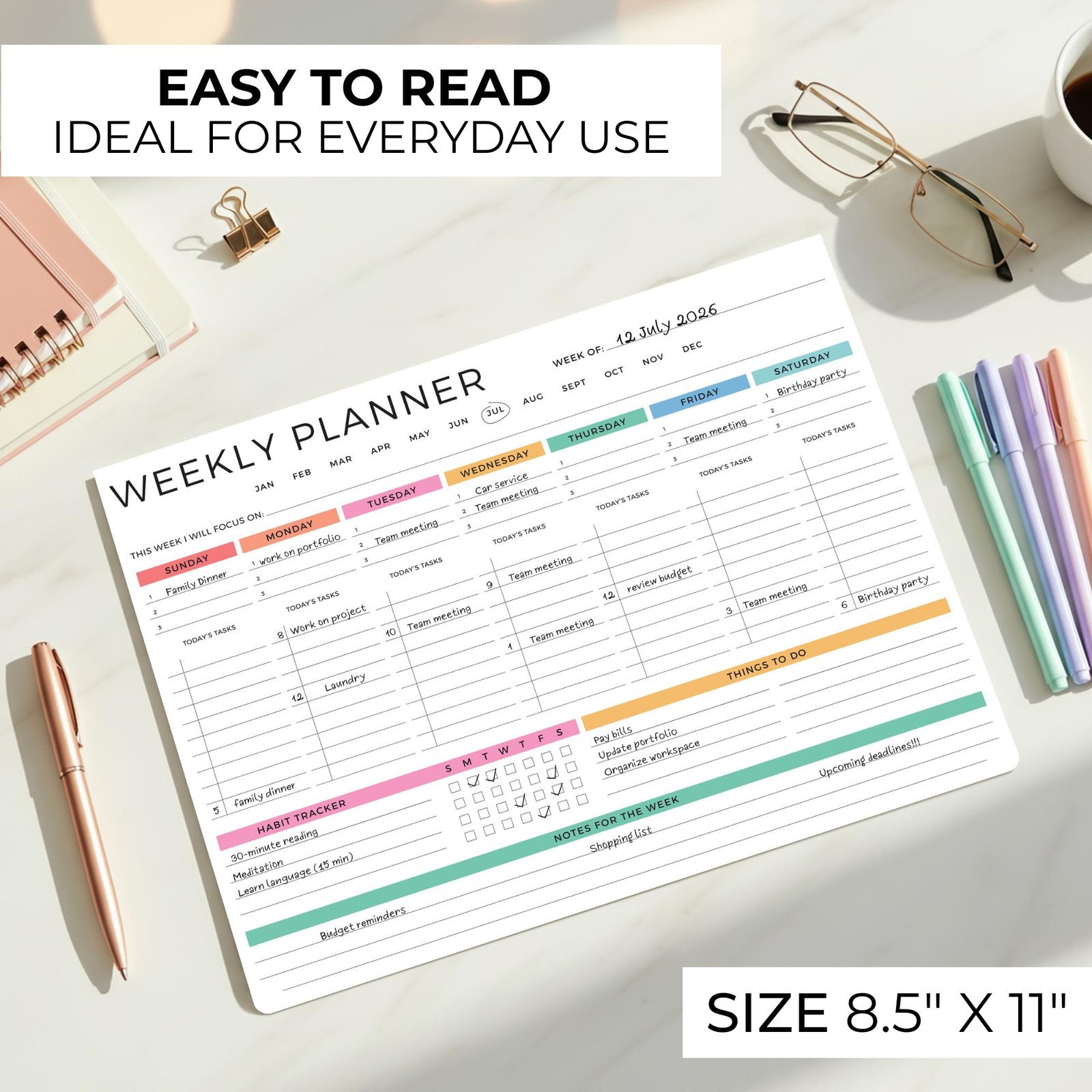 Colorful Weekly Planner Undated To Do List 52 Pages Productivity Pad