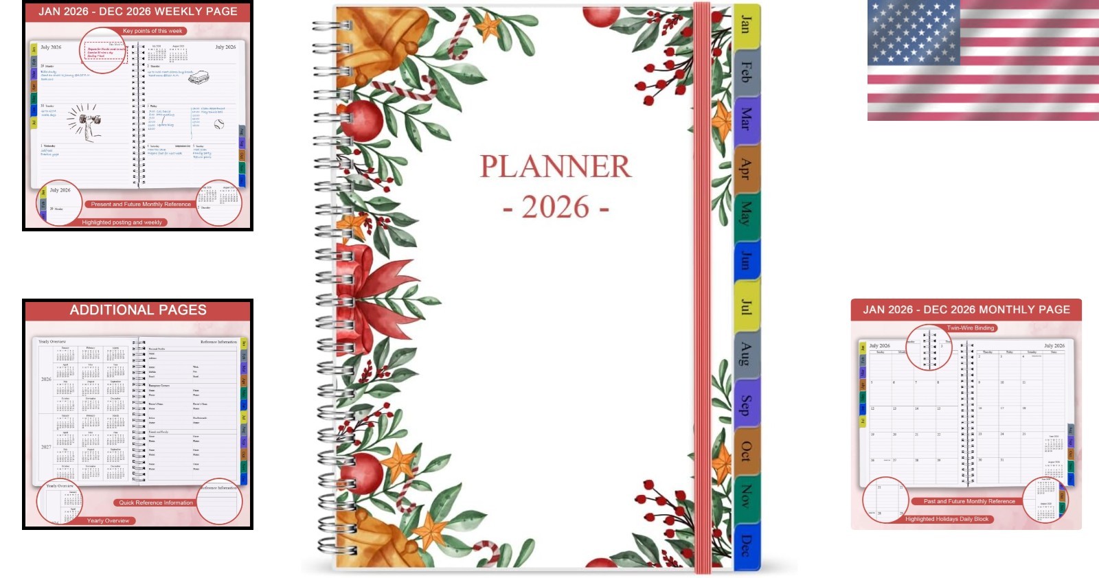 2026 Weekly & Monthly Planner with Ample Space, 12 Tabs, and Inner Pocket – Red