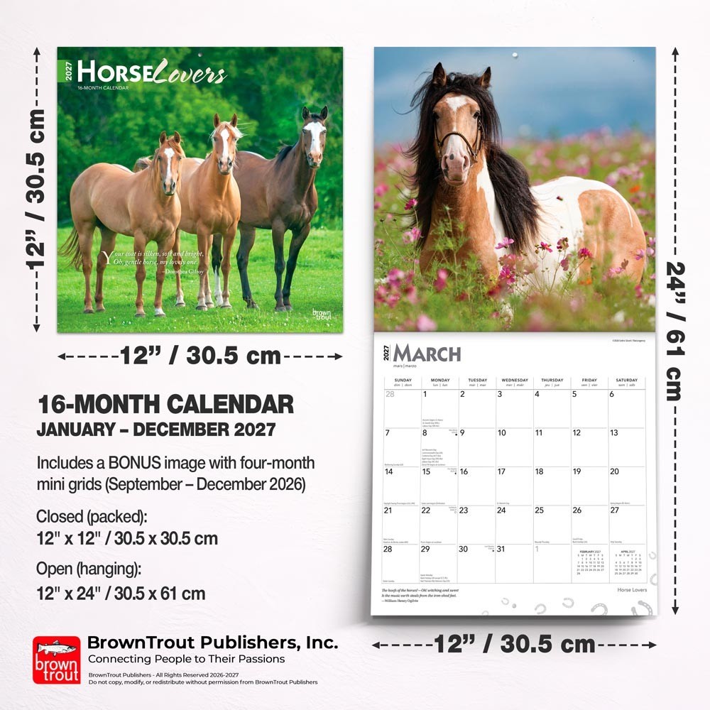 Horse Lovers | 2027 12×24″ (Hanging) Monthly Square Wall Calendar | Plastic-Free