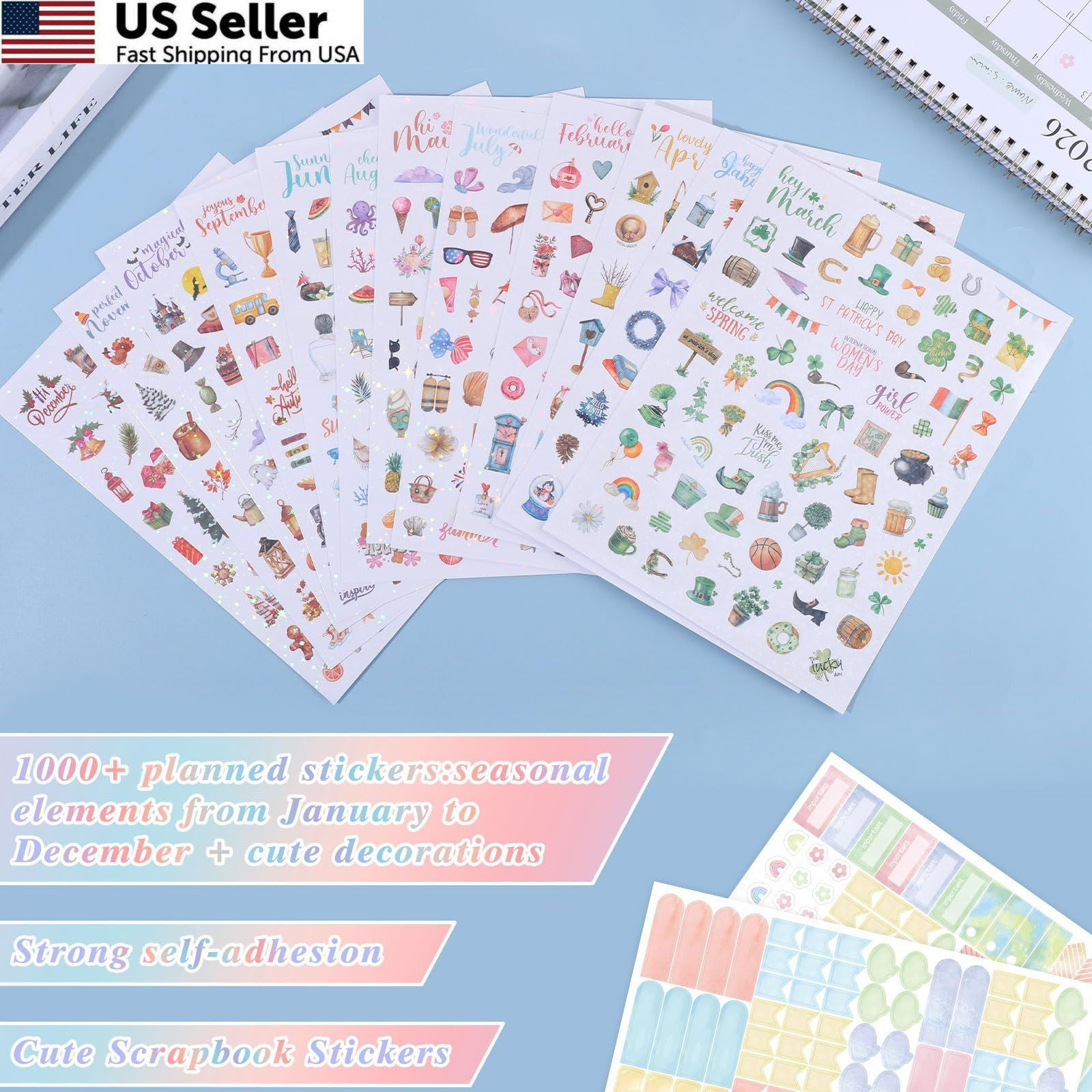 BESARME Planner Stickers with Glittery Film, 1000+ Scrapbook Colorful