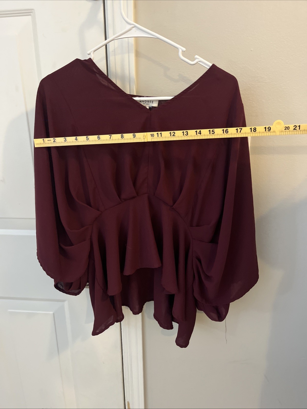 Andree by Unit Burgundy Wine Peplum Top 3/4 Sleeve Small Ruffle Detail Boho