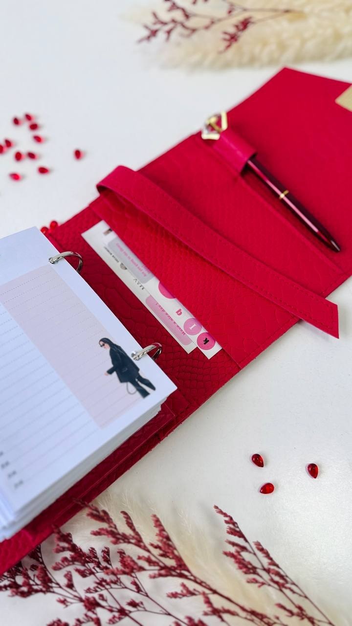 Red leather notebook cover A7 mini wallet. Lined day with time planner gift.