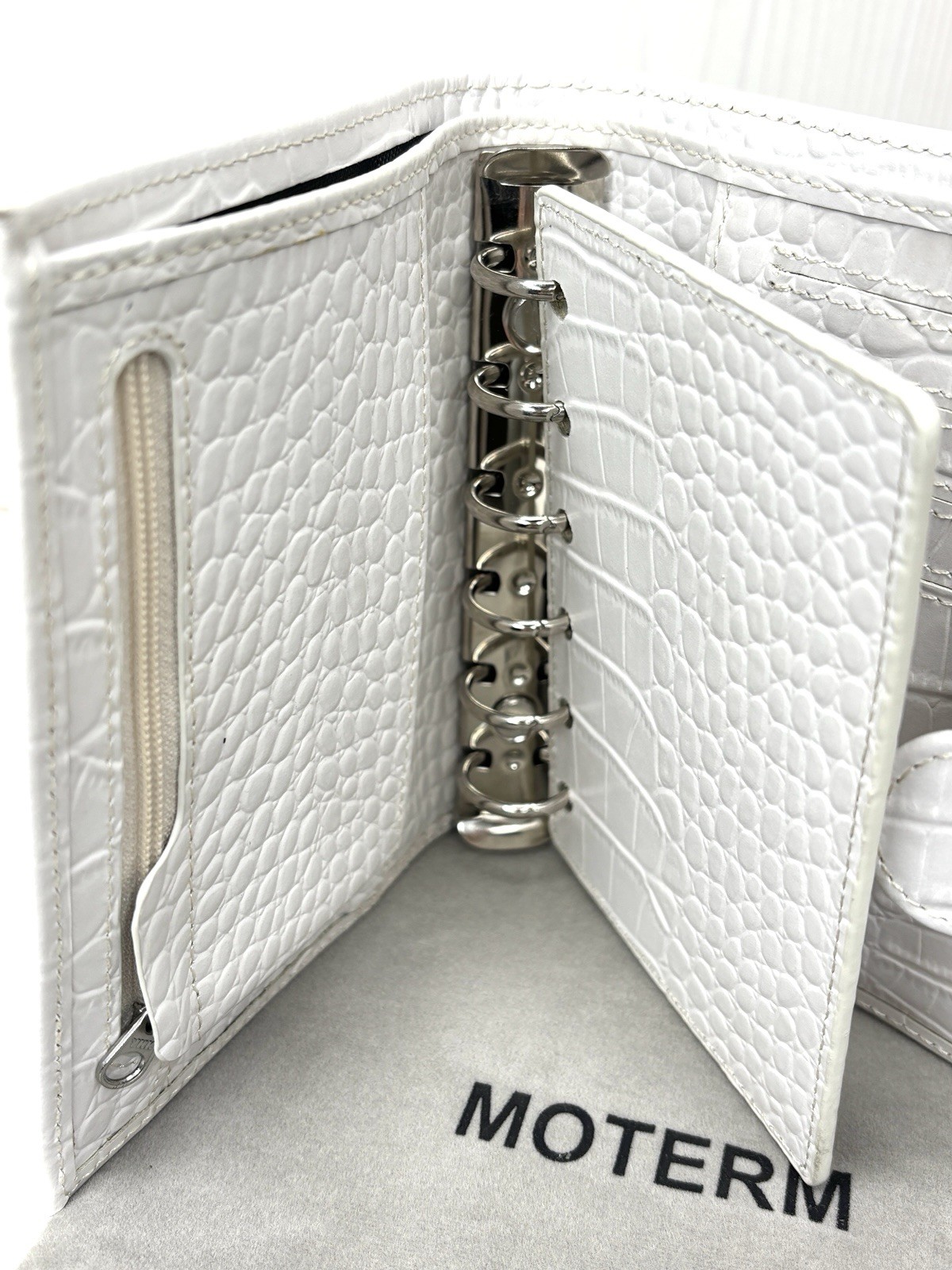 Moterm A7 Pocket Leather Rings Planner White/Light Grey Croc Wallet Organizer