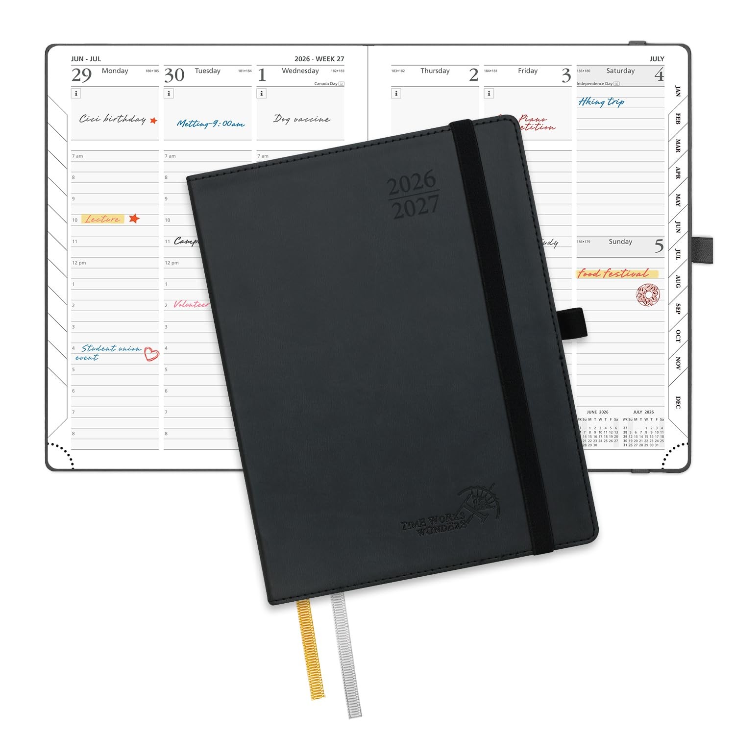 2026 2027 Academic Weekly Monthly Planner 6.5×8.5 Black Soft Cover Hourly