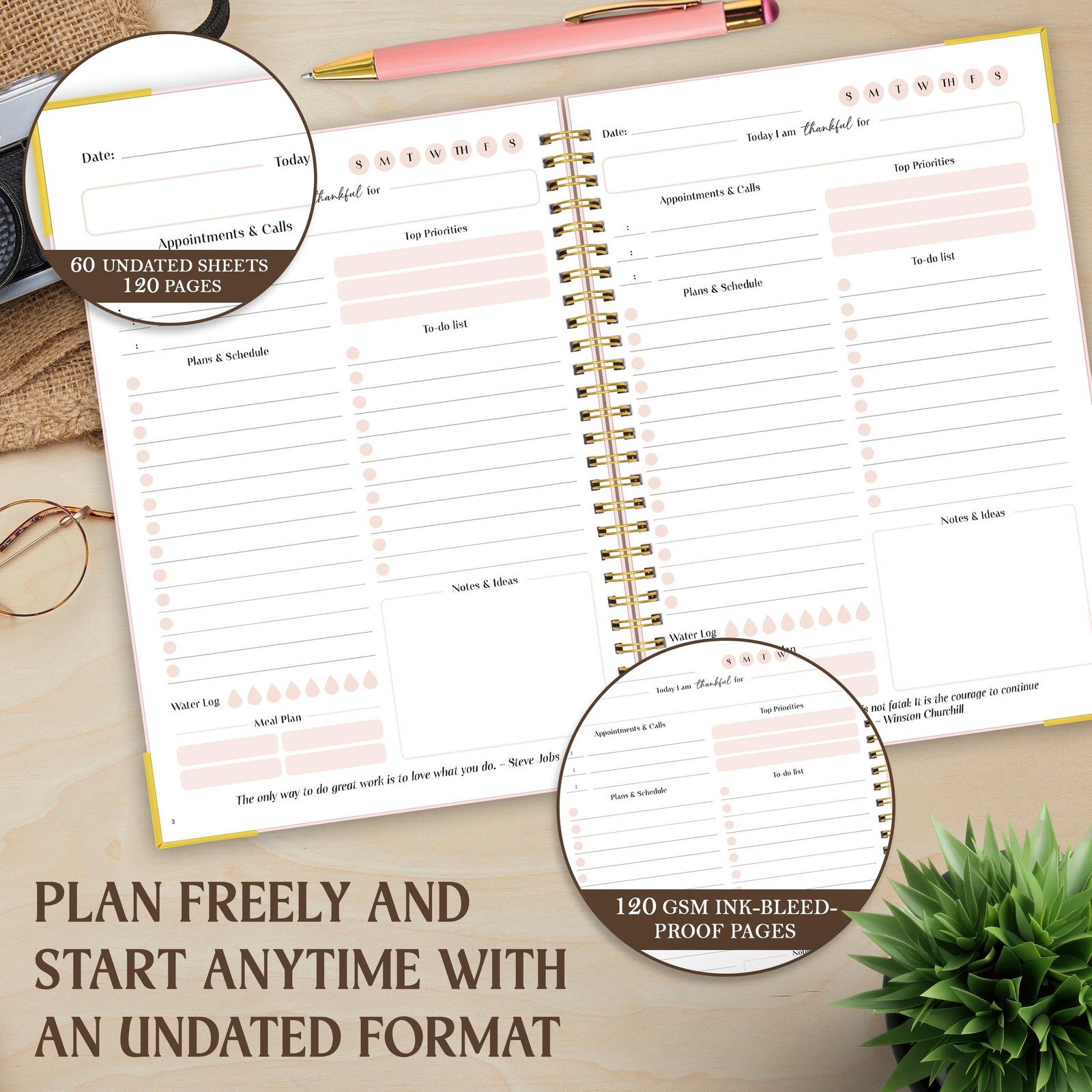 Decorably 60 Sheets Daily Planner Undated with Gold Corners, 6.4×8.5in Aesthe…