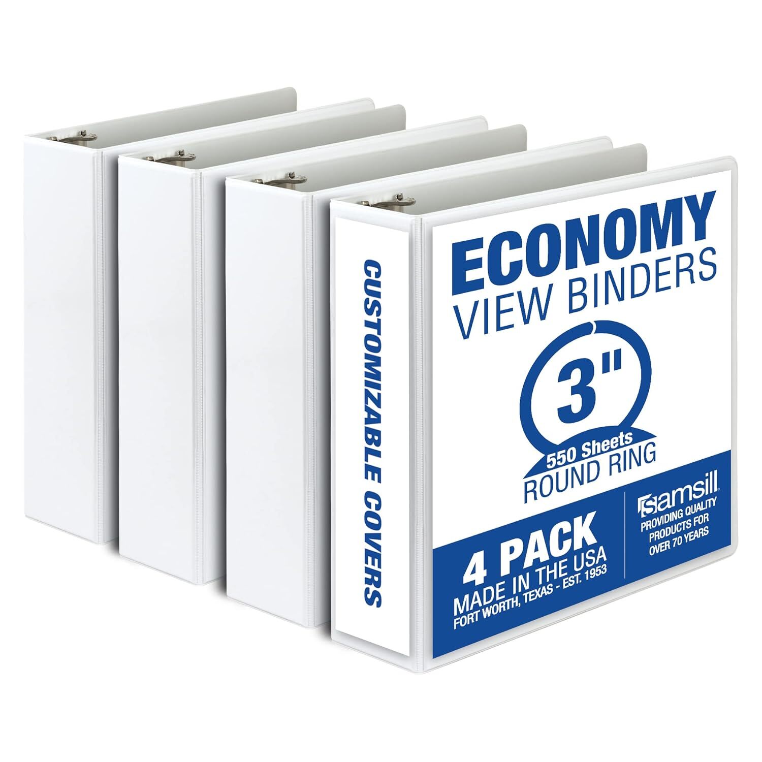 Samsill 3 Inch 3 Ring Binders, Made in USA, Economy 4 Count-Pack of 1, White