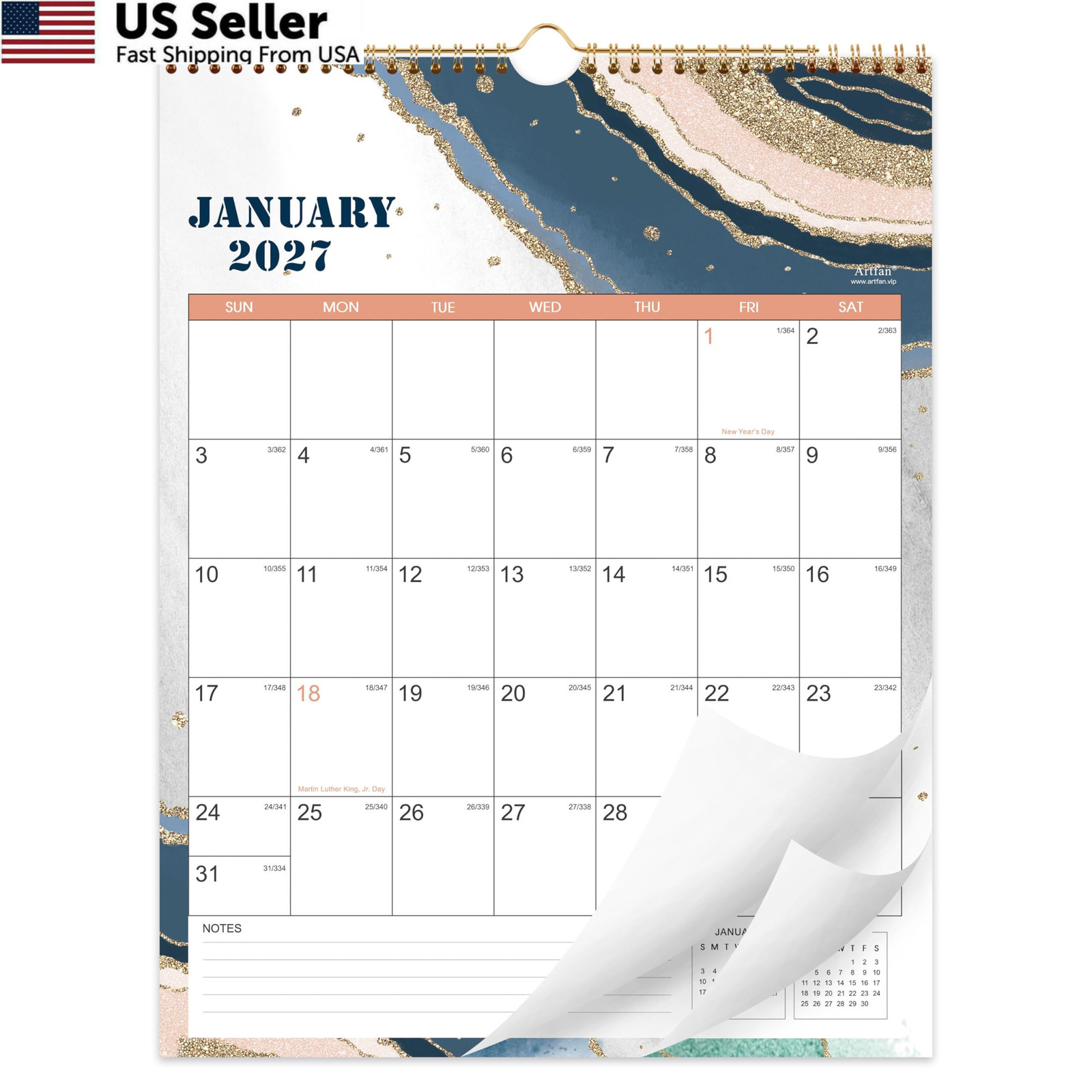 2027 Wall Calendar – JAN 2027 – DEC 2027, 12 Monthly Calendar, 2027 Pink