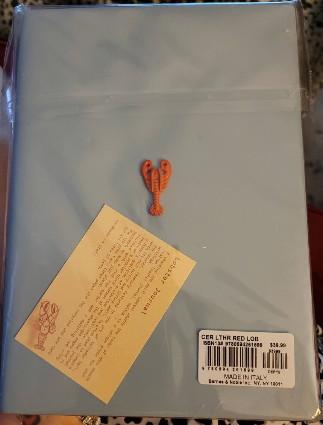 Blue Leather Square Journal, Embroidered Red Lobster, Solid Classic, 1 Pack