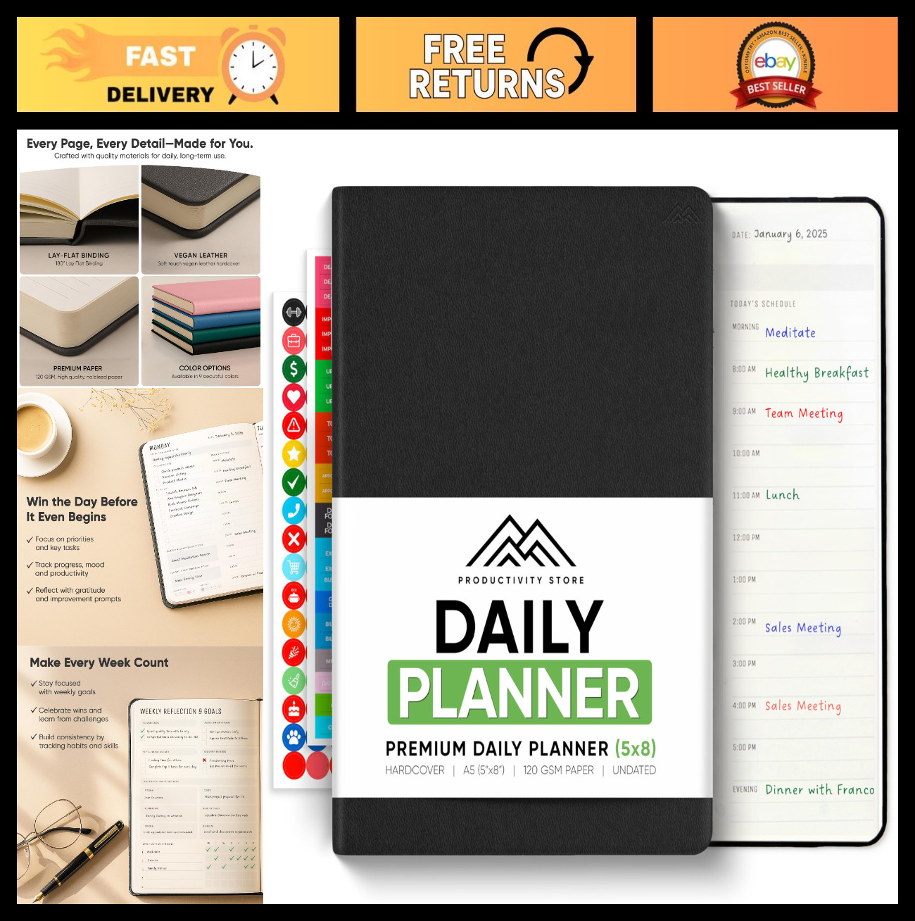 Ultimate 2026 Daily Planner – Hourly Schedule & Task List, A5 Size, Black