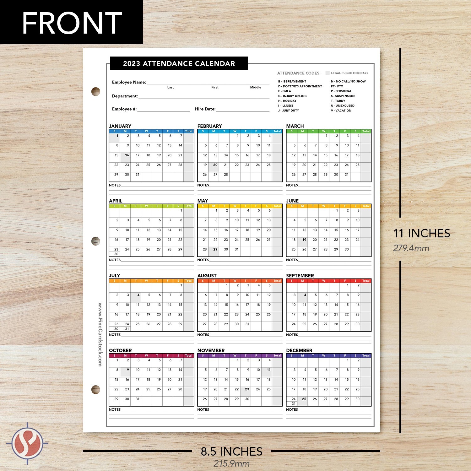2023 Attendance Calendar Cardstock, Employee Work Tracker, 8.5 x 11, 50 Qty