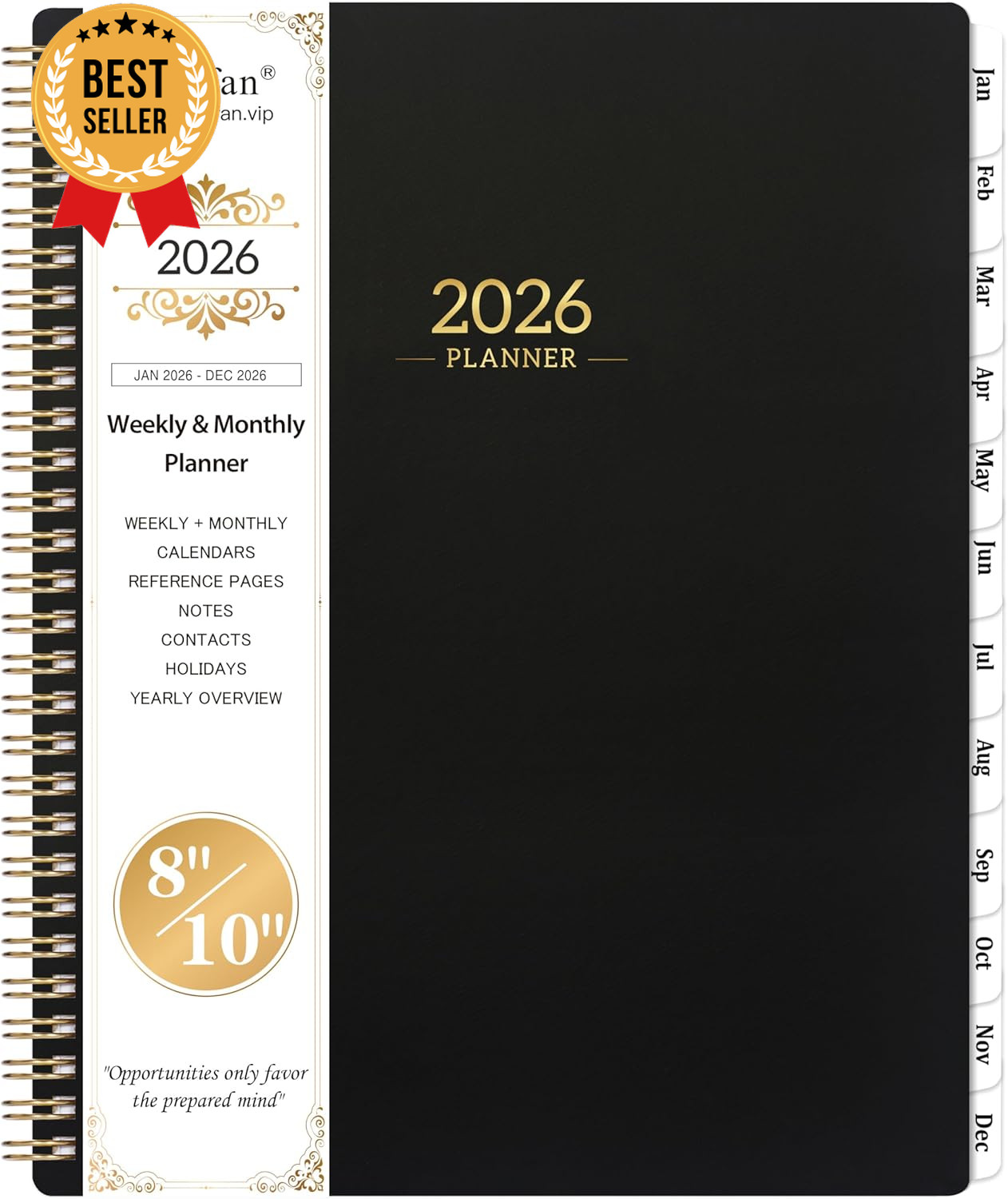 2026 Planner Calendar 8×10 Weekly Monthly Tabs Twin-Wire Binding Black Cover