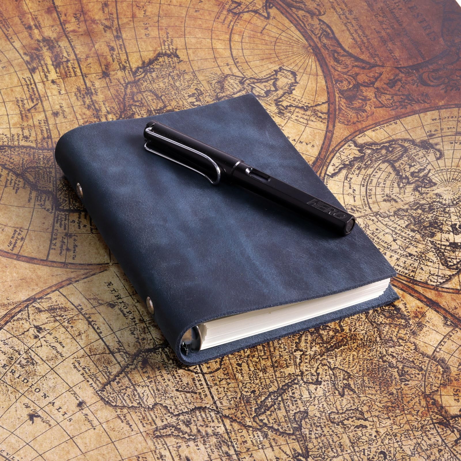 A6 Refillable Notebook,Blue Genuine Leather 5x7In 6 Ring Binder Journal for Men