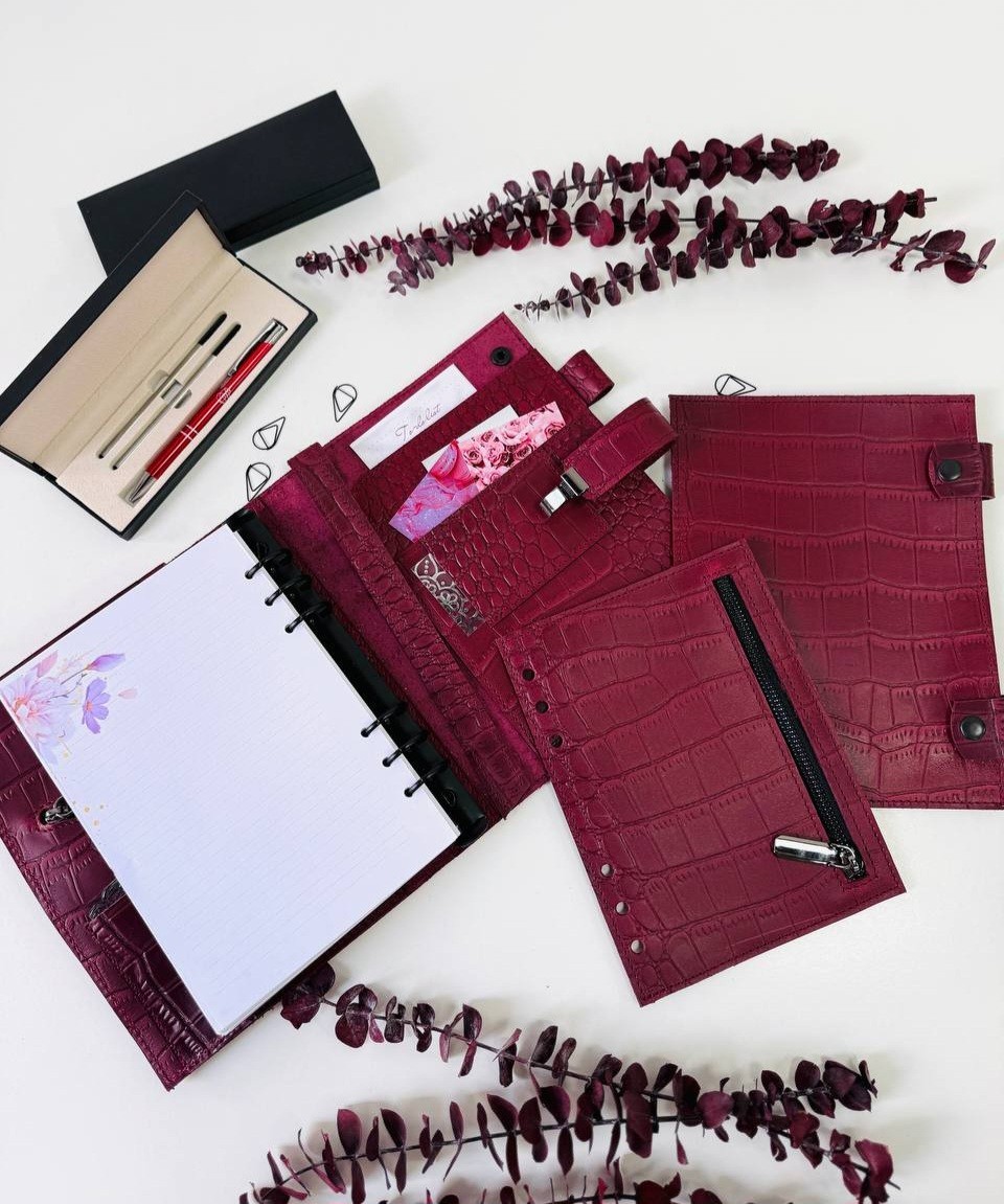 Burgundy Leather notebook cover A5 model 3in1 organizer.Lather planner binder.