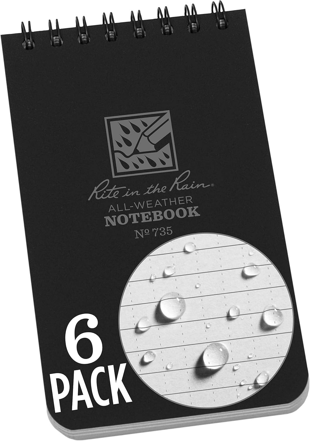 Weatherproof Spiral Notebook 3 x 5 Black Cover Portable 6 Pack Waterproof Paper