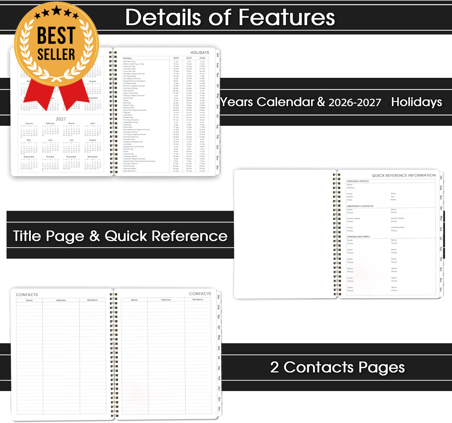 2026 Planner Calendar 8×10 Weekly Monthly Tabs Twin-Wire Binding Black Cover