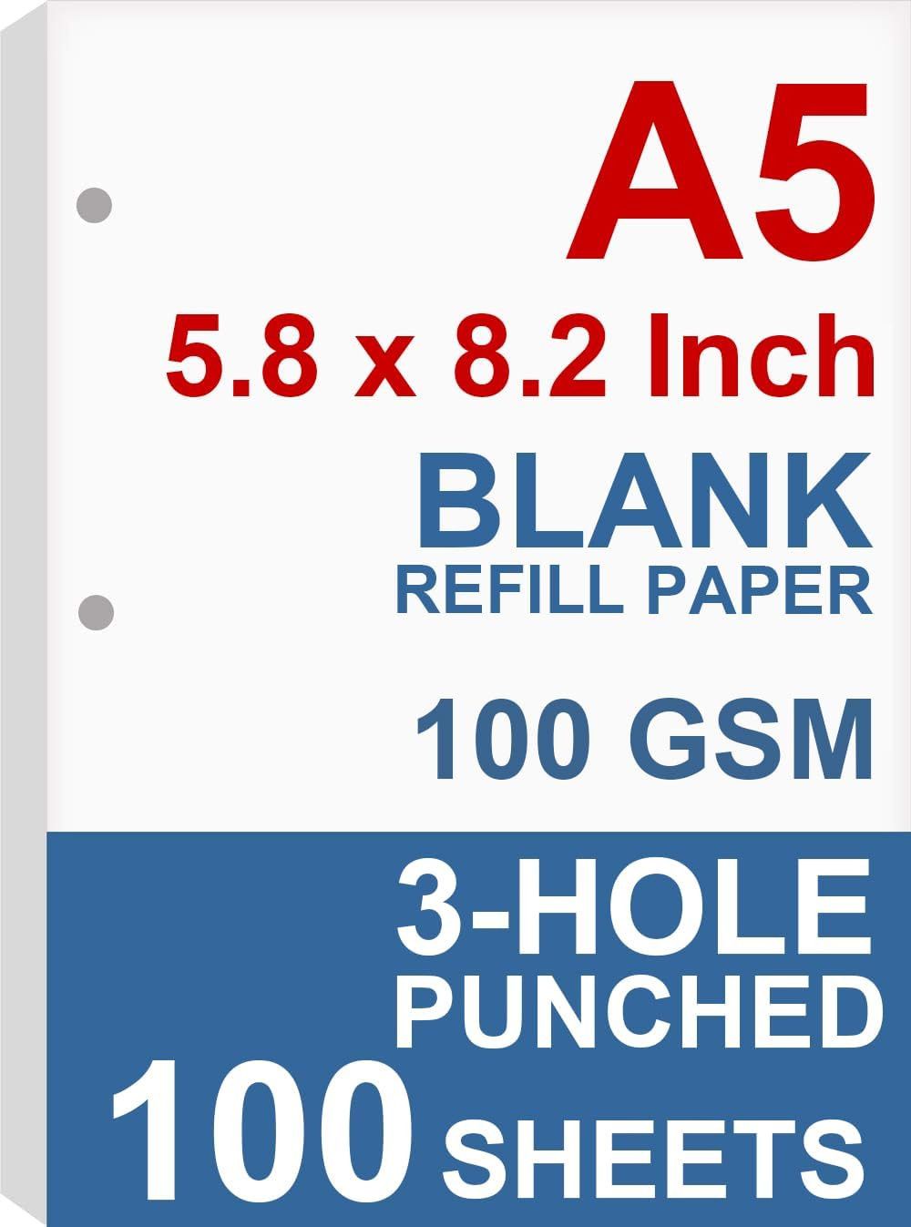A5 Filler Paper, 3 Hole Planner Refills, Organizer, Binders, Total 100 Sheets/20