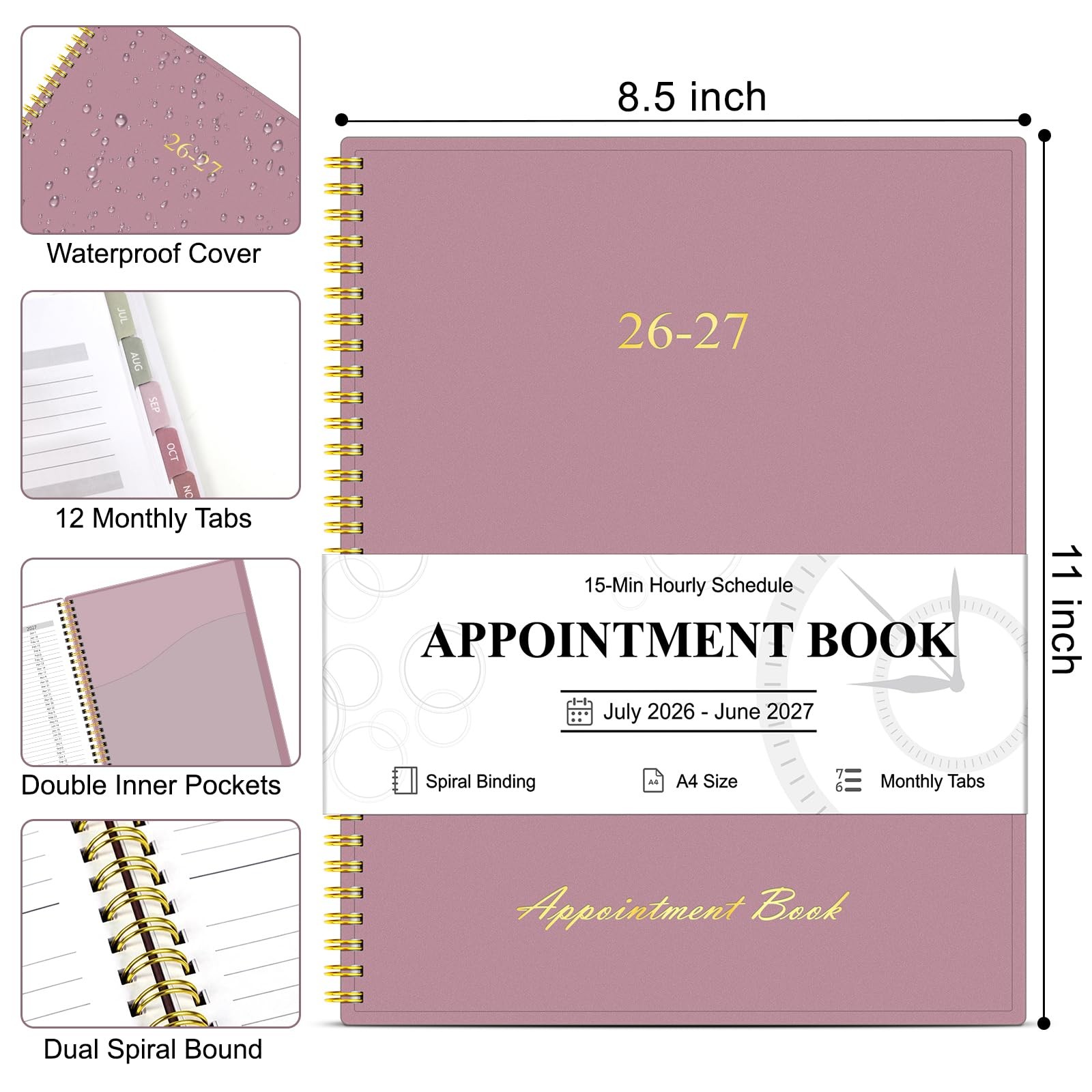 Appointment Book 2026-2027, Hourly Planner from July 8.5 X 11 inches, Pink