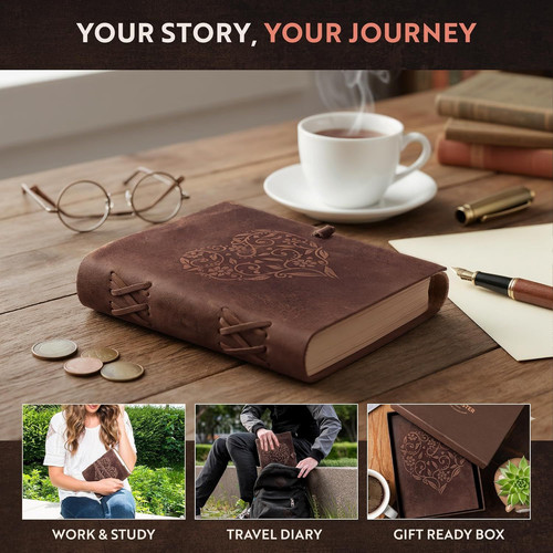 moonster Leather Journal with Embossed Heart Shape – Non 8″ x 6″, Brown