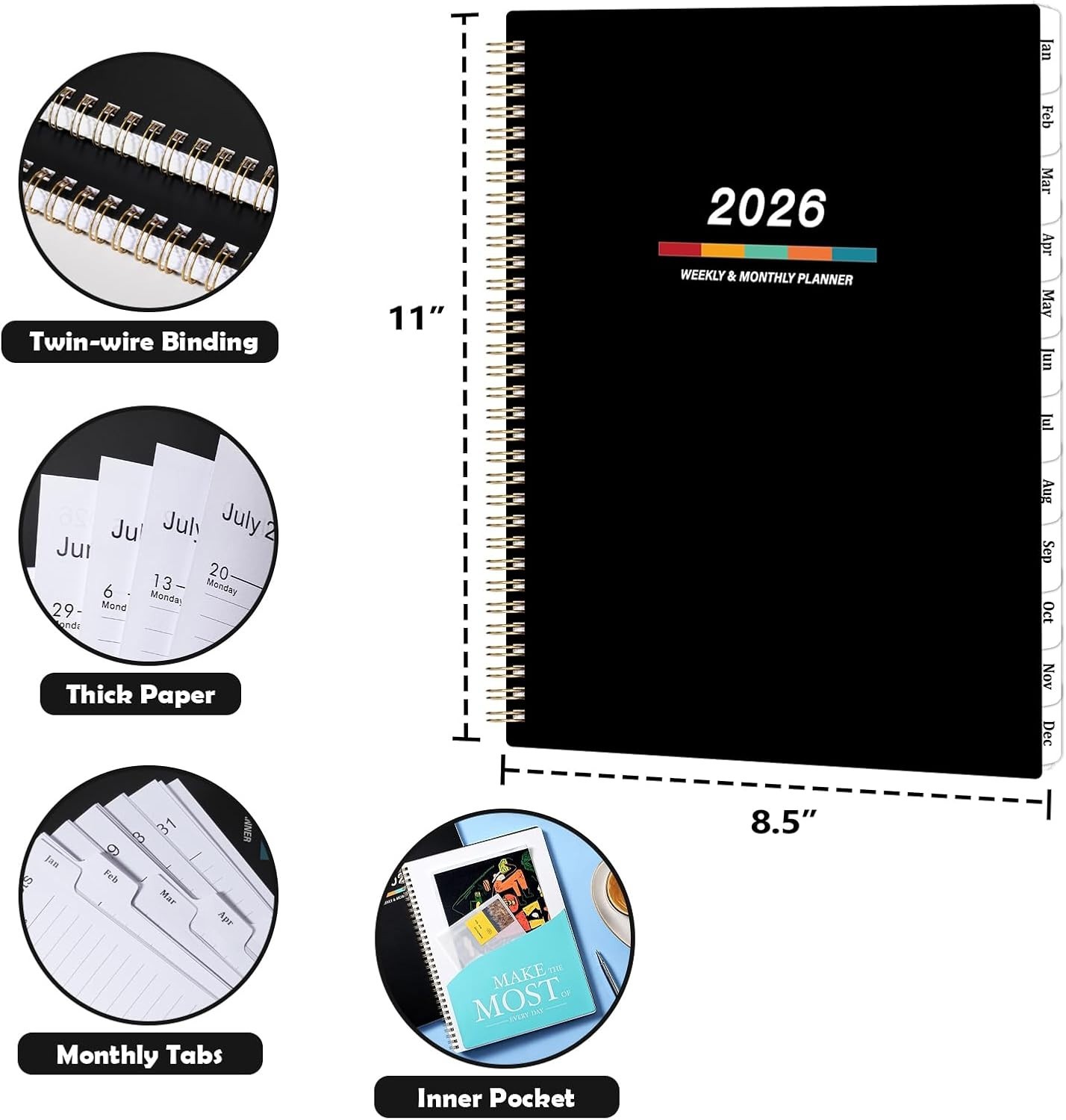 Stylish 2026 Calendar Planner – Flexible Cover, Lay-flat Design, 8.5″ x 11″