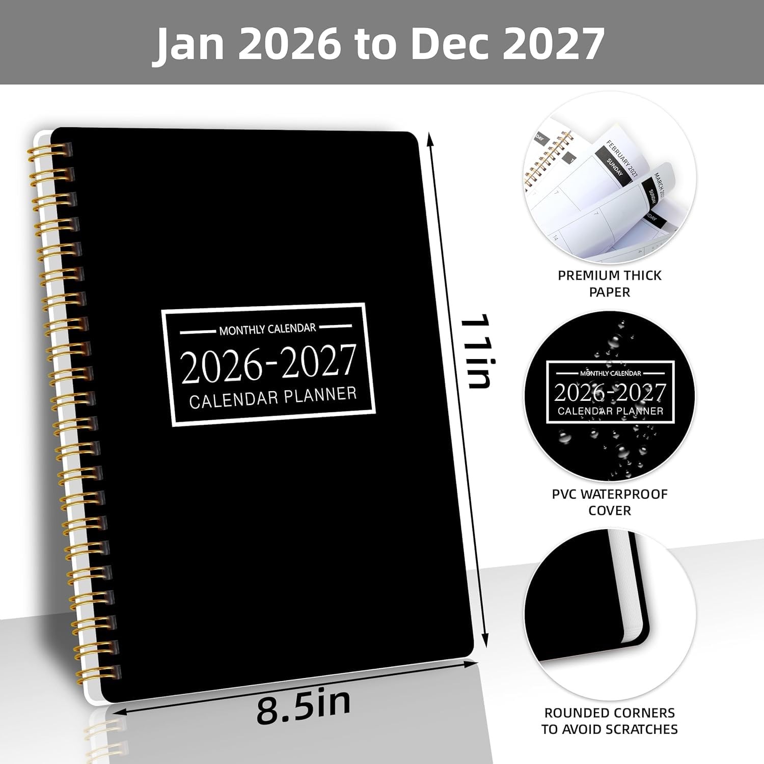 Monthly Planner 2026-2027, 2 year calendar A4( Jan 2026-Dec 2027 ), Black