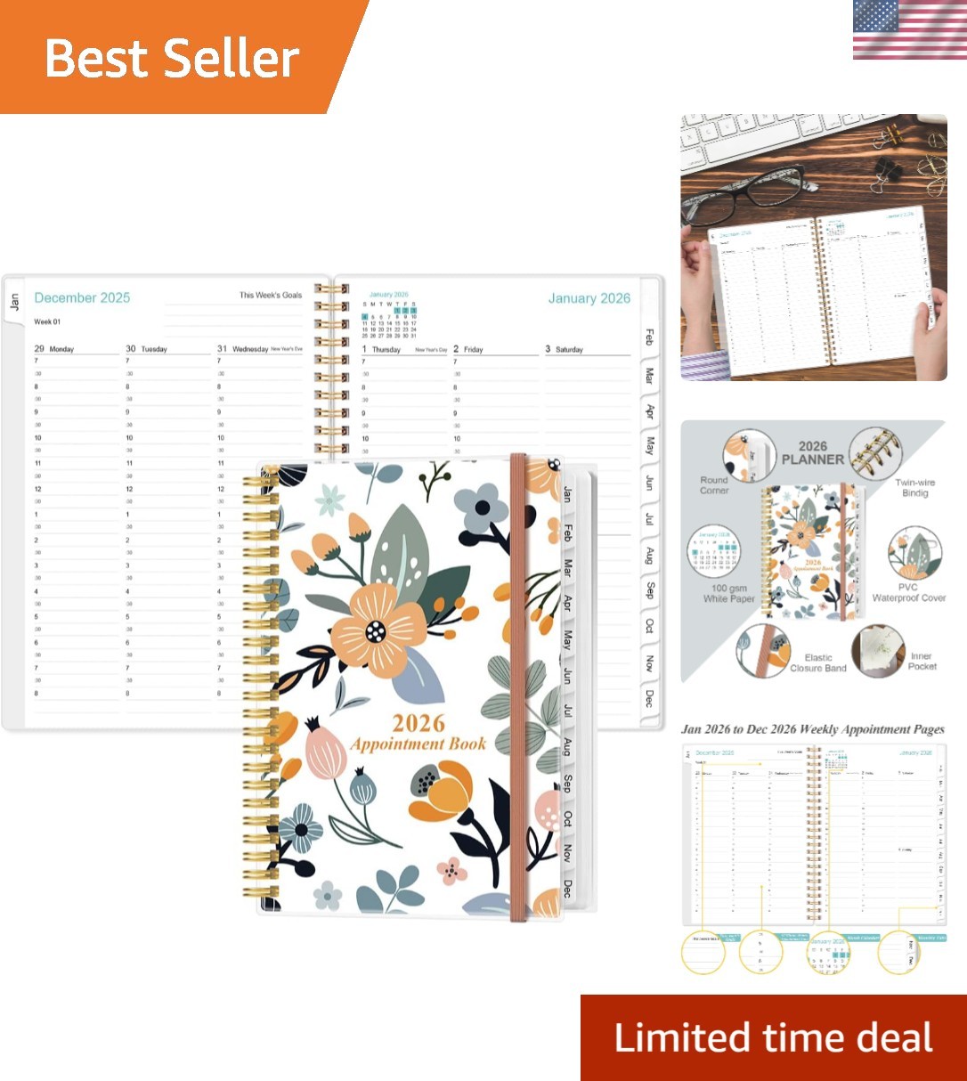 Elegant 2026 Daily Hourly Planner, 6.4” x 8.5”, Rose Color, 30-Min Intervals