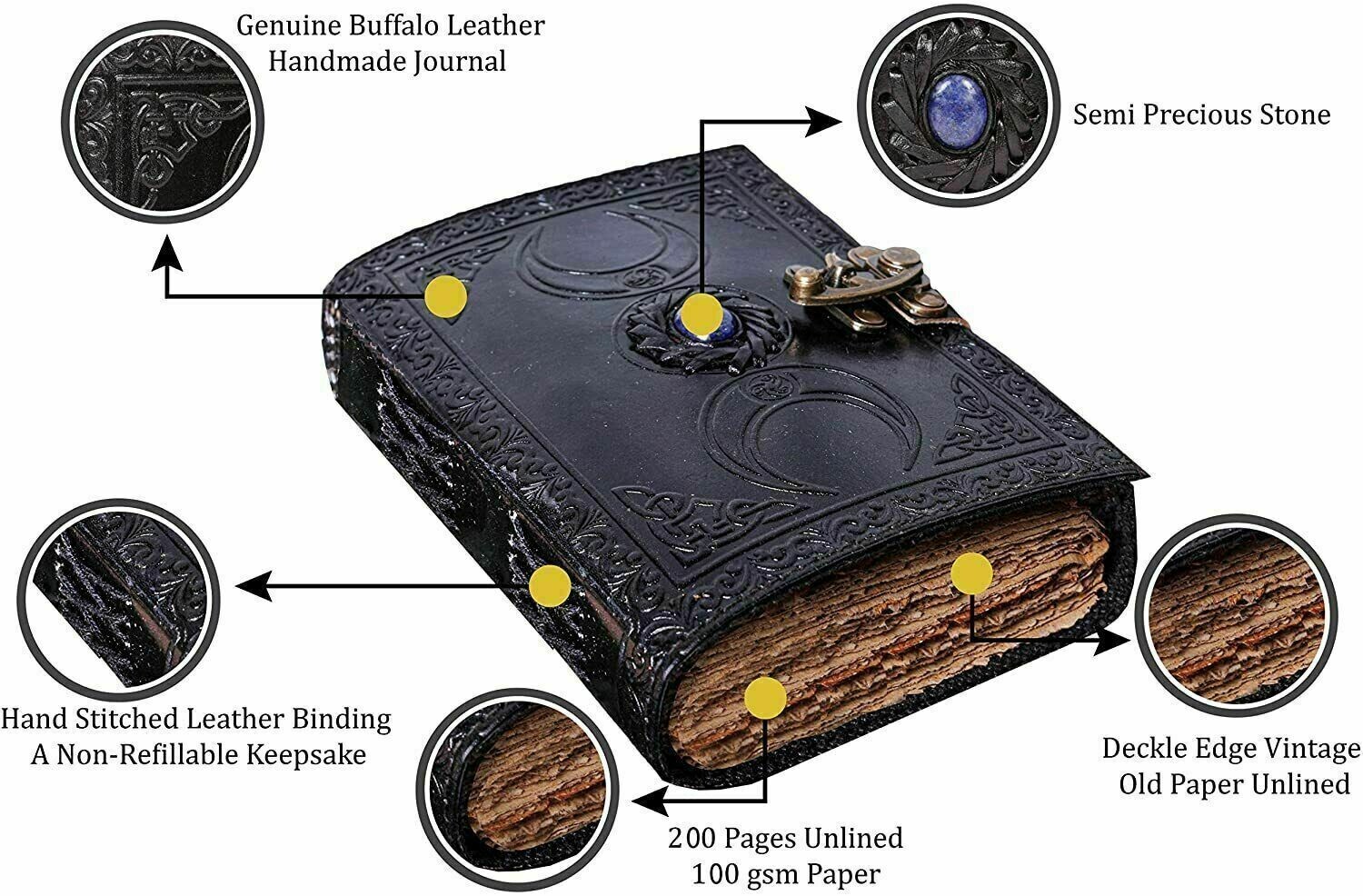 6 x 8 Leather Journal Notebook Pack 2 Black Triple Moon Deckle & blank Paper