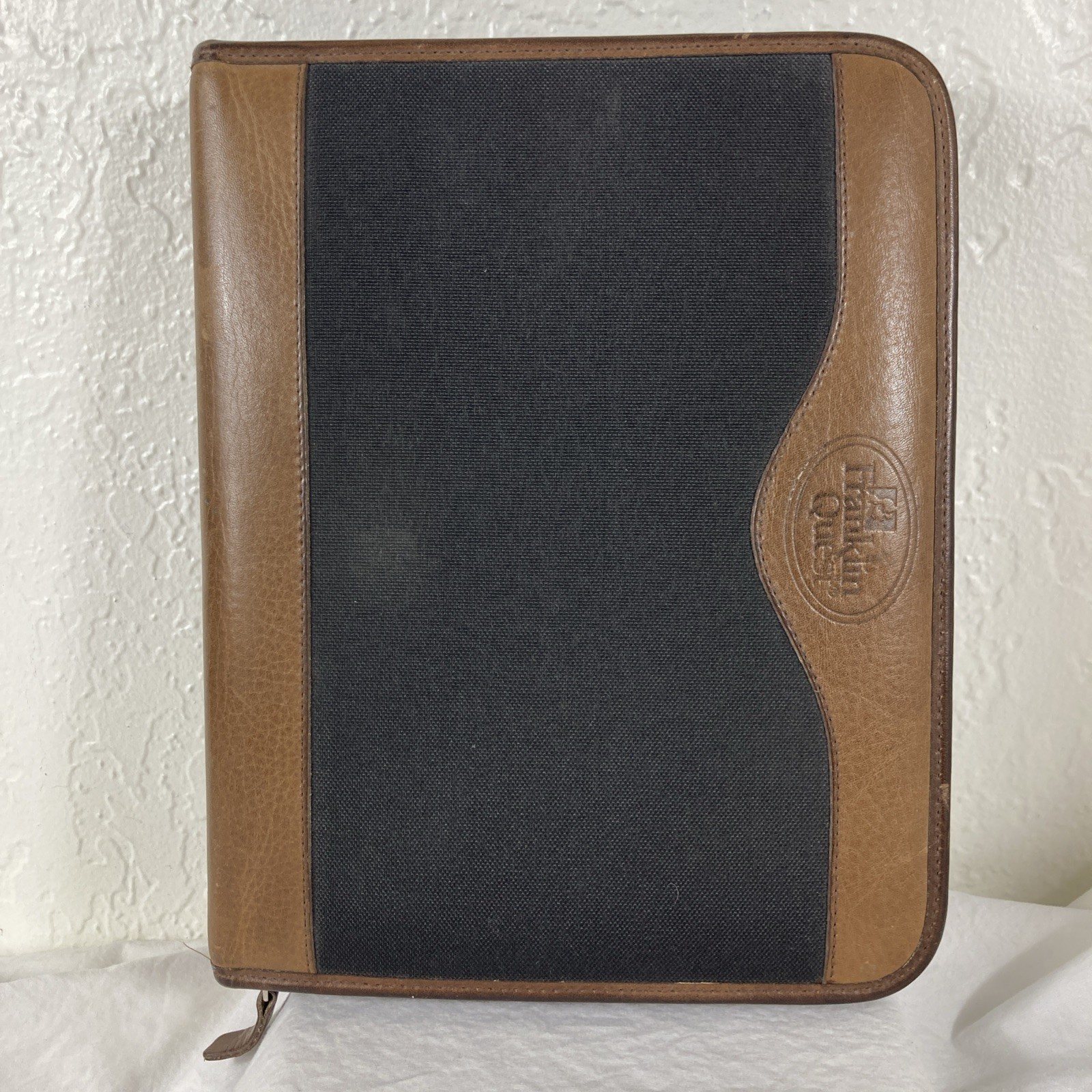 Franklin Quest 7-Ring Binder Black Canvas Brown Leather Trim Zipper Planner VTG