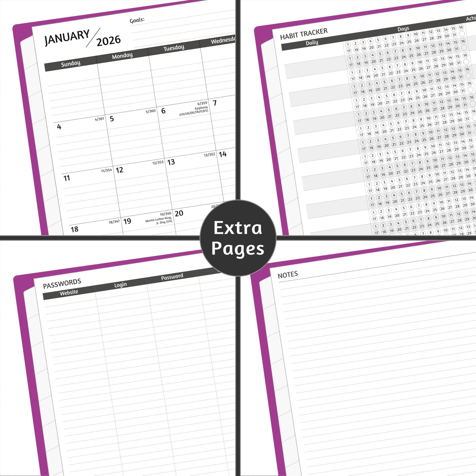 Monthly Planner 2026-2028, 36 Months Calendar Letter, Purple