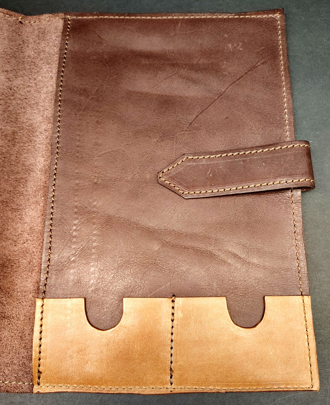 Vintage Soft Brown Leather Slide Tab Pocket Folio Case Notebook Cover 9 x 13″