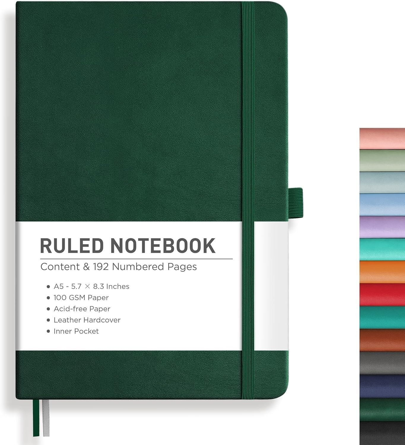 RETTACY Lined Journal Notebook, 192 Numbered Pages, 5.7″ × 8.3″, Dark Green