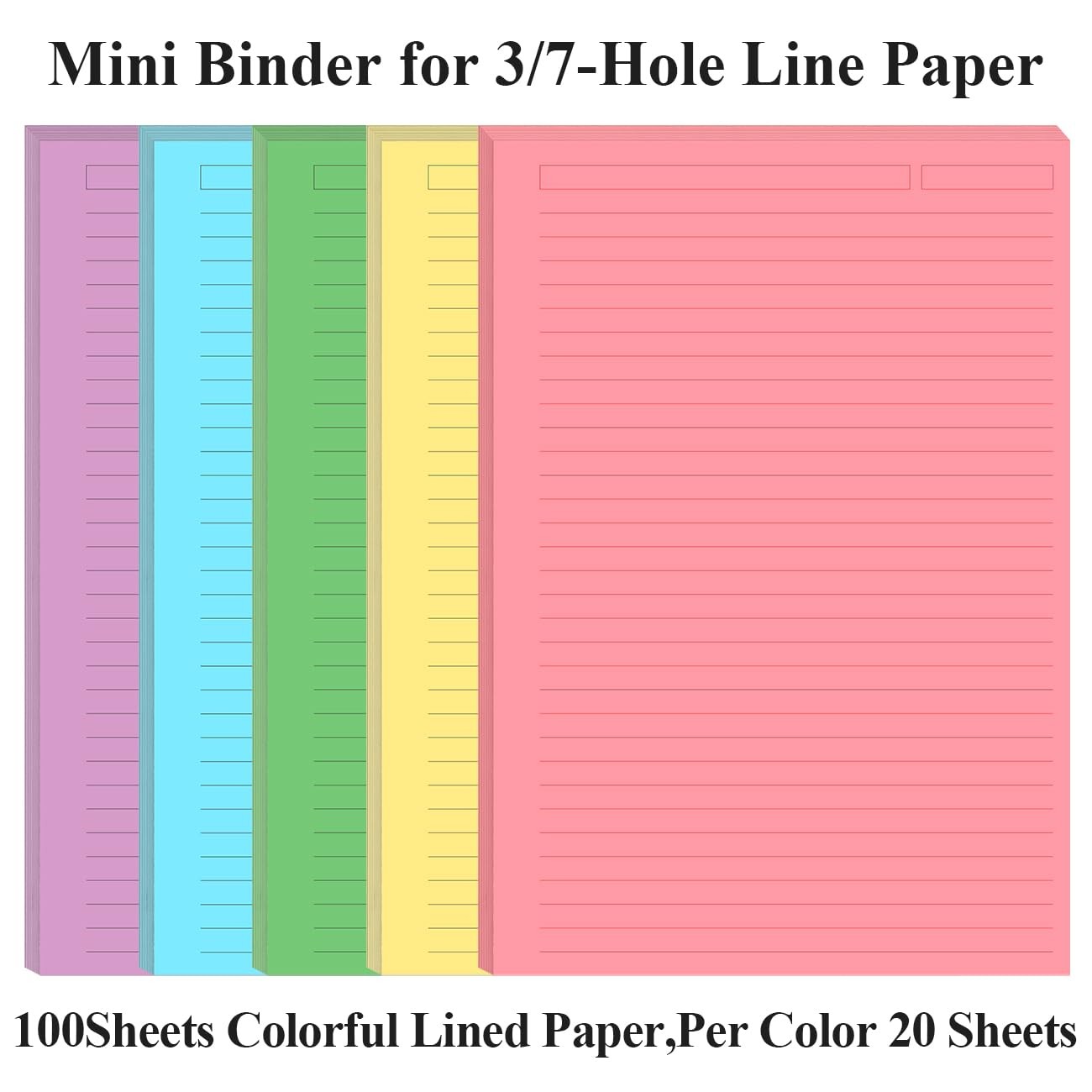 100 PCS Unpunched Line Paper 5 Colorful Ruled Filler 5.8×8.5 Inch Refill