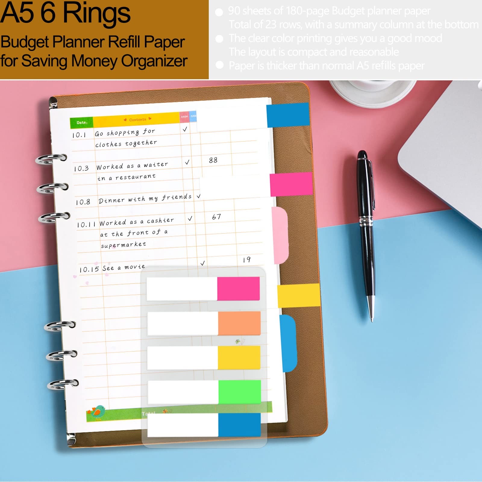 Rancco A5 Budget Planner Refill Paper, 90 Pages Colorful 6-Ring A5, Financial