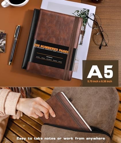 Lined Journal Notebook for Women Men, 256 Numbered Pages Hardcover Leather Journ