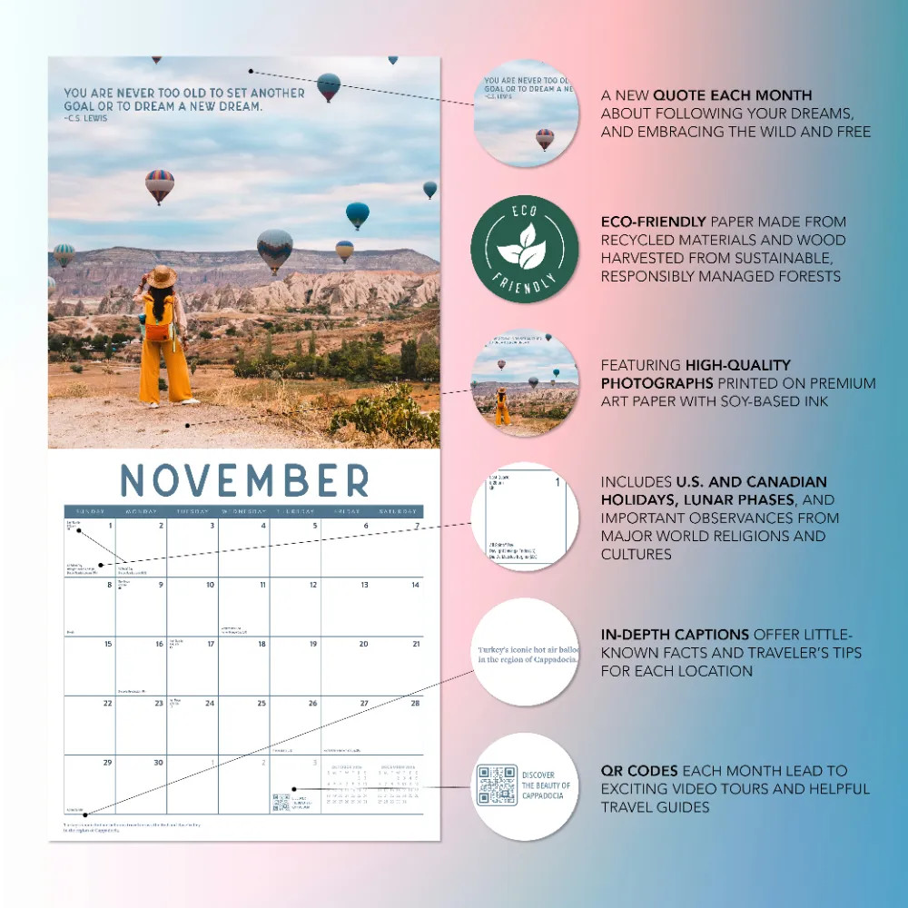 Wanderlust Calendar 2026 | 12″ x 24″ 12 Month Calendar | Marble City Press