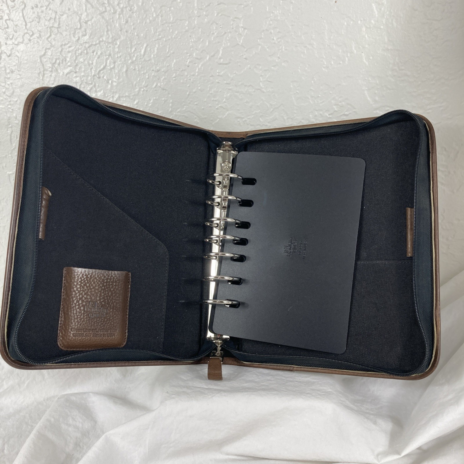 Franklin Quest 7-Ring Binder Black Canvas Brown Leather Trim Zipper Planner VTG