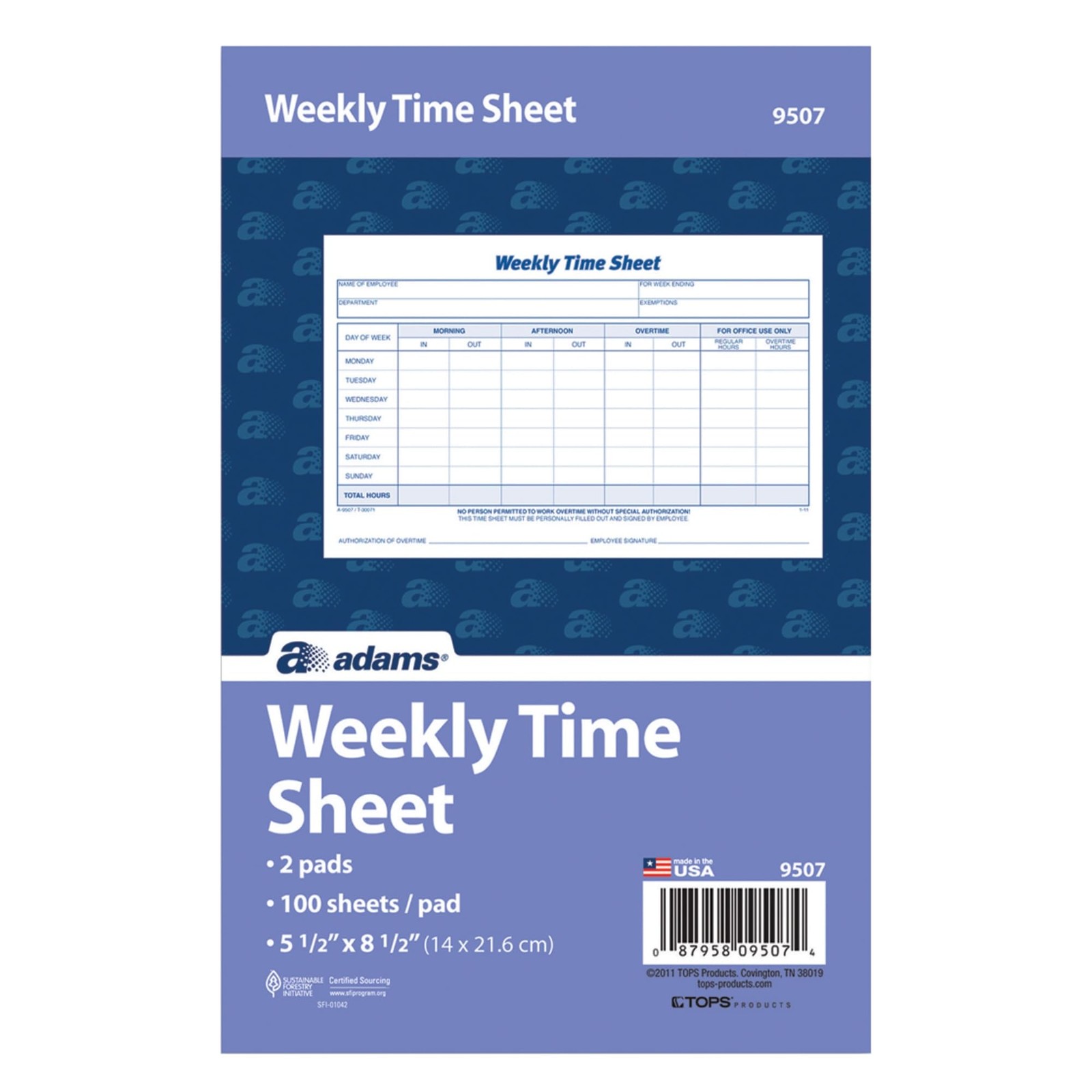 Adams Weekly Time Sheet, 1-Part, 5.5 x 8.5 2 Count (Pack of 1), Blue/White